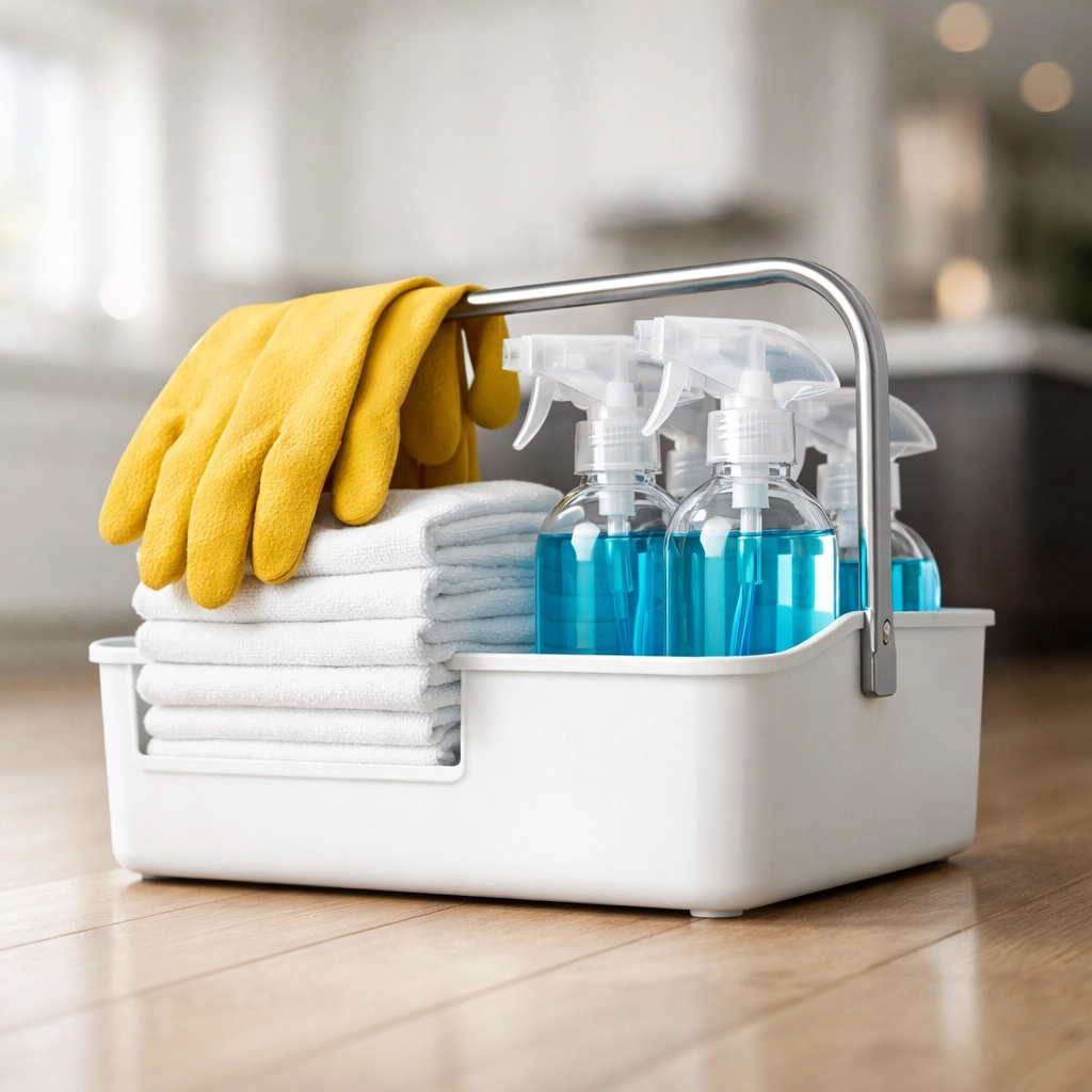 Organized professional house cleaning supplies used for residential services in Stow, MA.