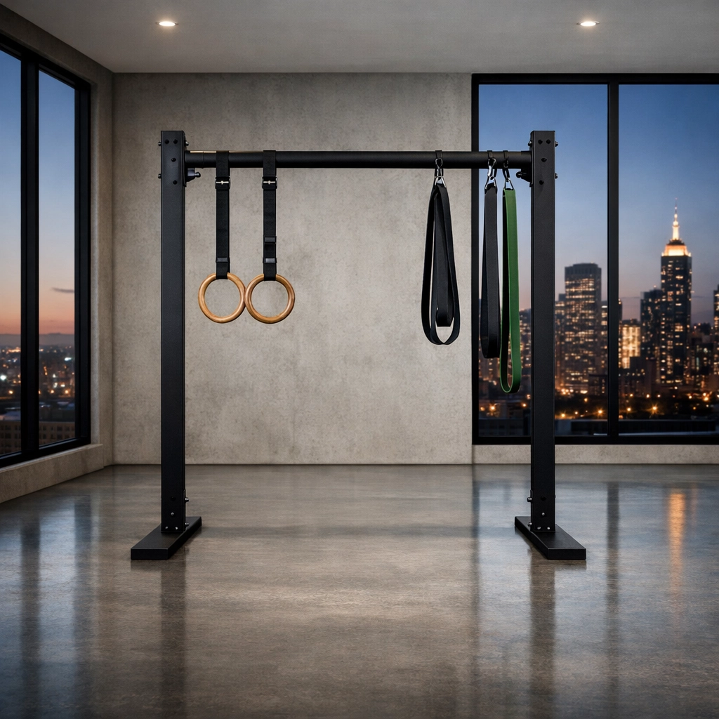 Versatile home gym setup with modular rails, gymnastics rings, and resistance training bands.