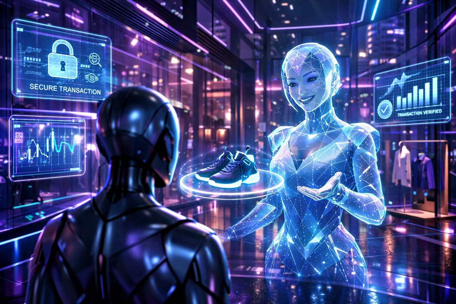 AI-powered shopping in the metaverse using Larecoin for seamless Web3 digital commodity payments.