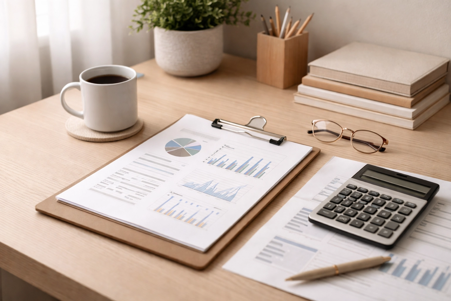 Home office desk with tax documents, financial charts, and calculator for S Corp reasonable compensation planning