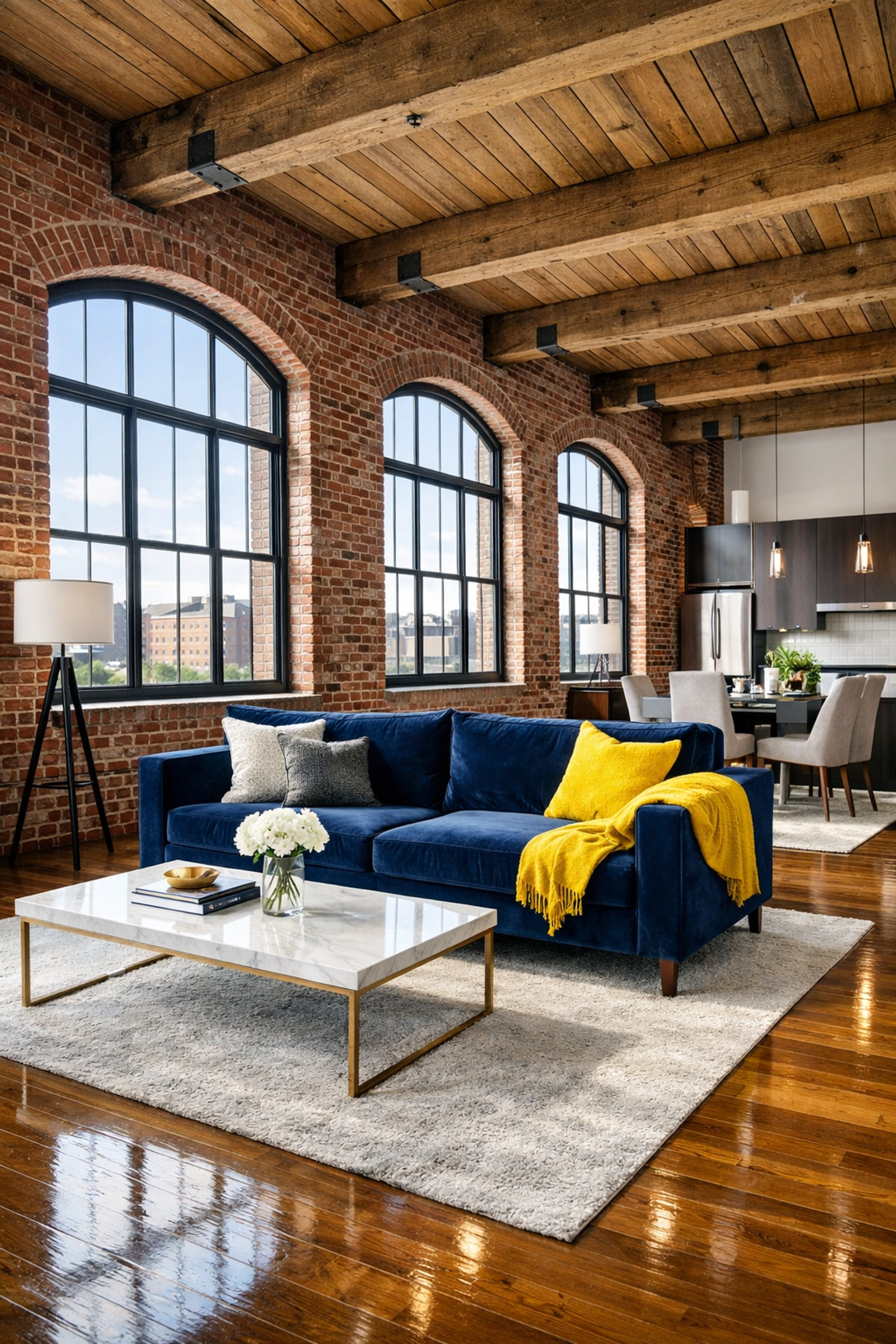 Professionally deep cleaned historic mill loft in Lowell MA with sparkling hardwood floors and brick walls.