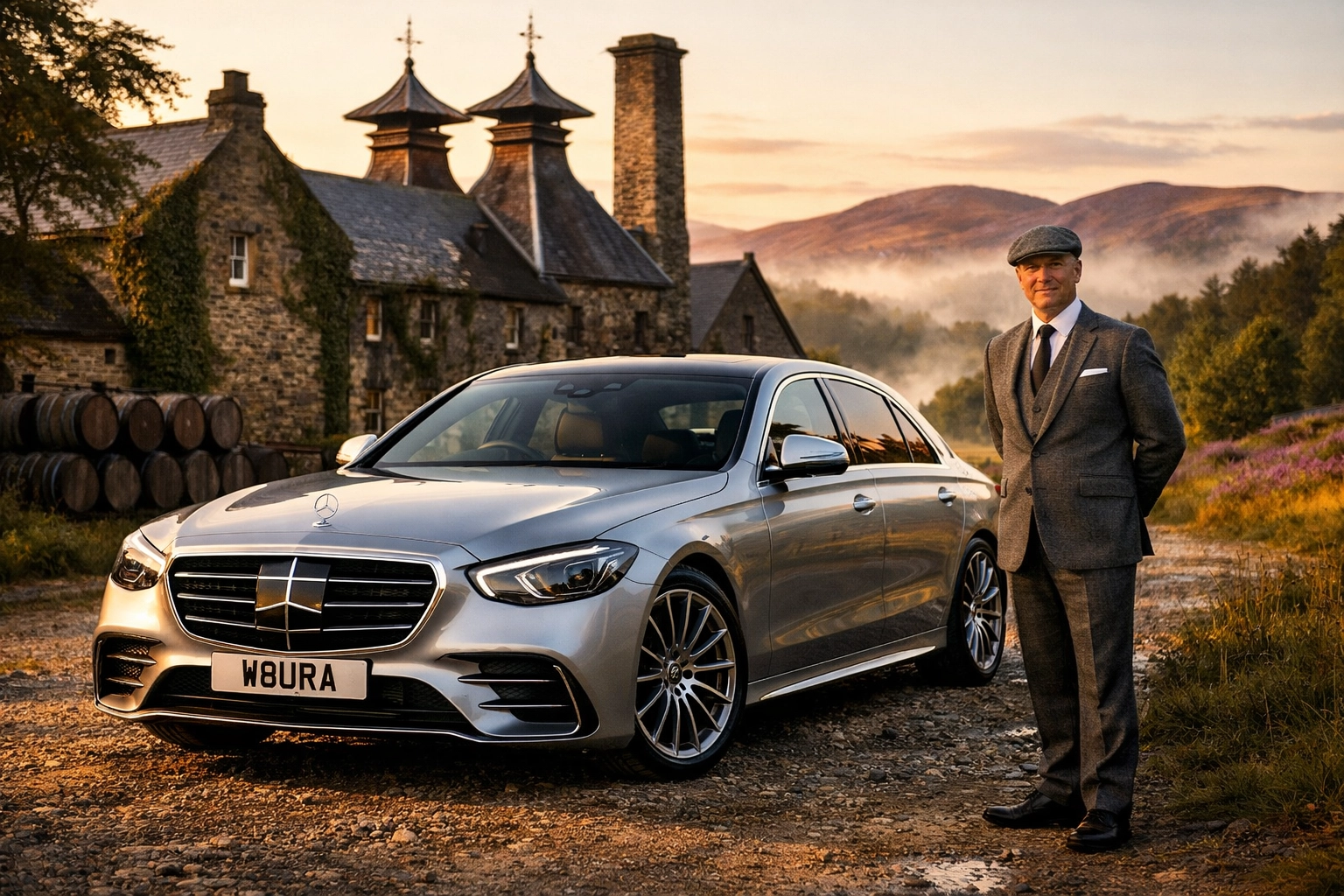 Silver Mercedes S-Class chauffeur car parked at a Highland whisky distillery for a private tour in Scotland.