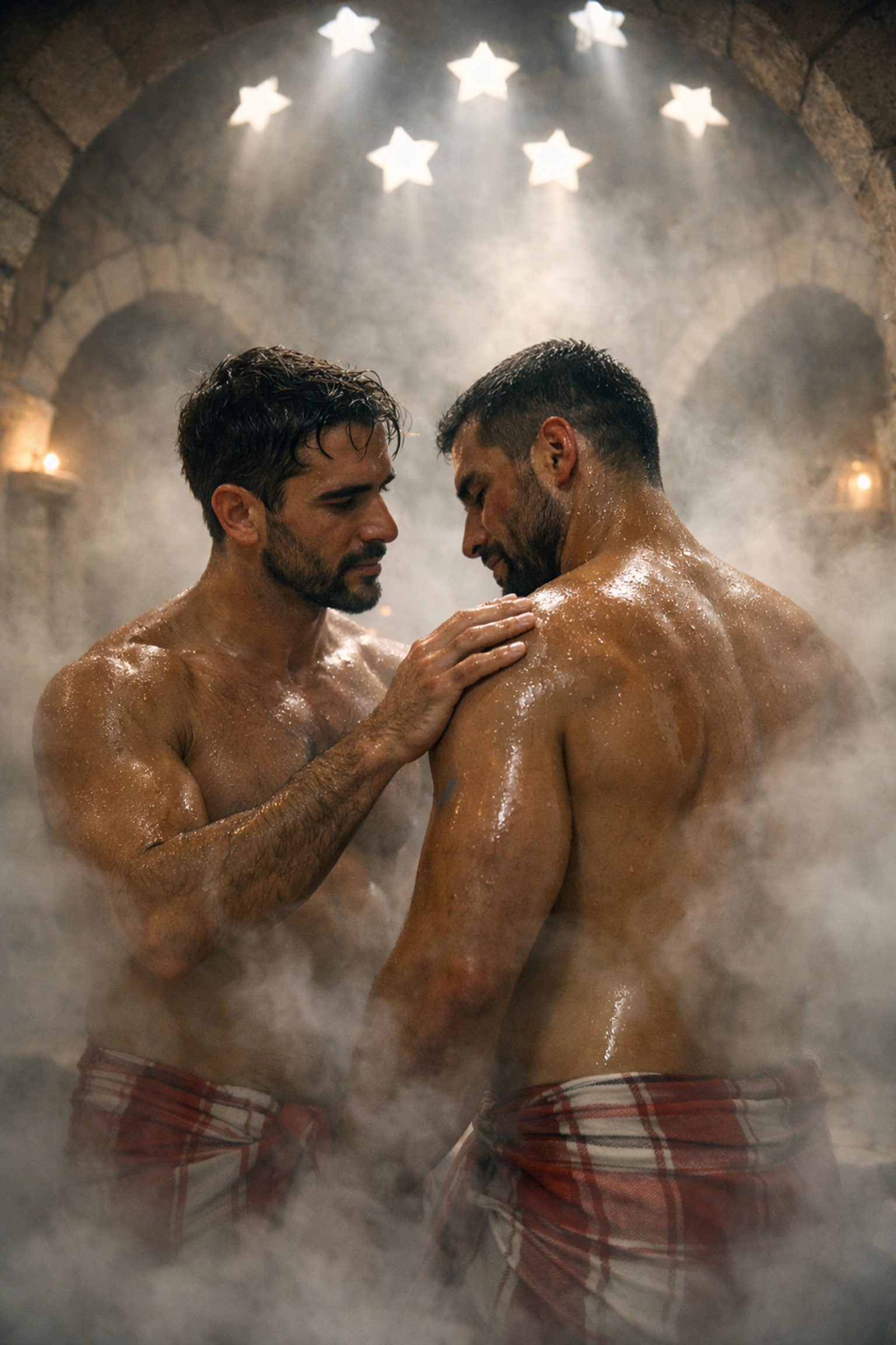 A steamy and intimate MM romance scene between two men inside a traditional stone Turkish hammam.
