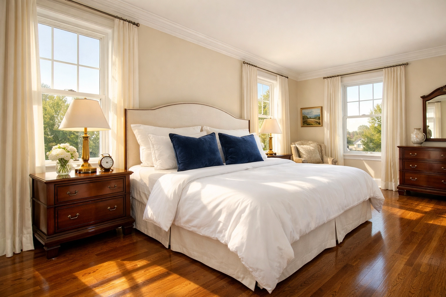 Pristine, dust-free Worcester bedroom with polished floors reflecting healthy indoor air quality.