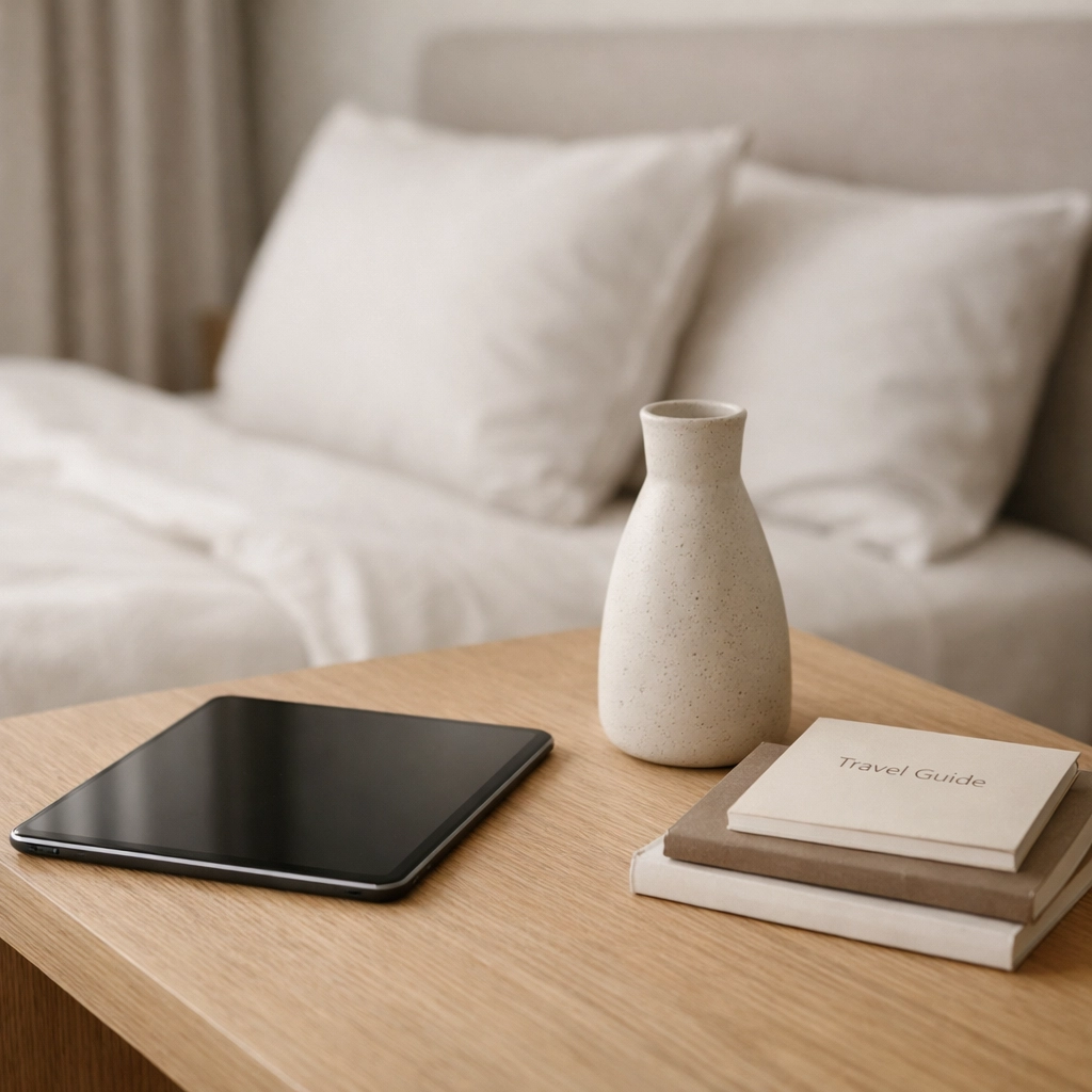 Tablet on a hotel bedside table showcasing personalized upsell options and guest services.