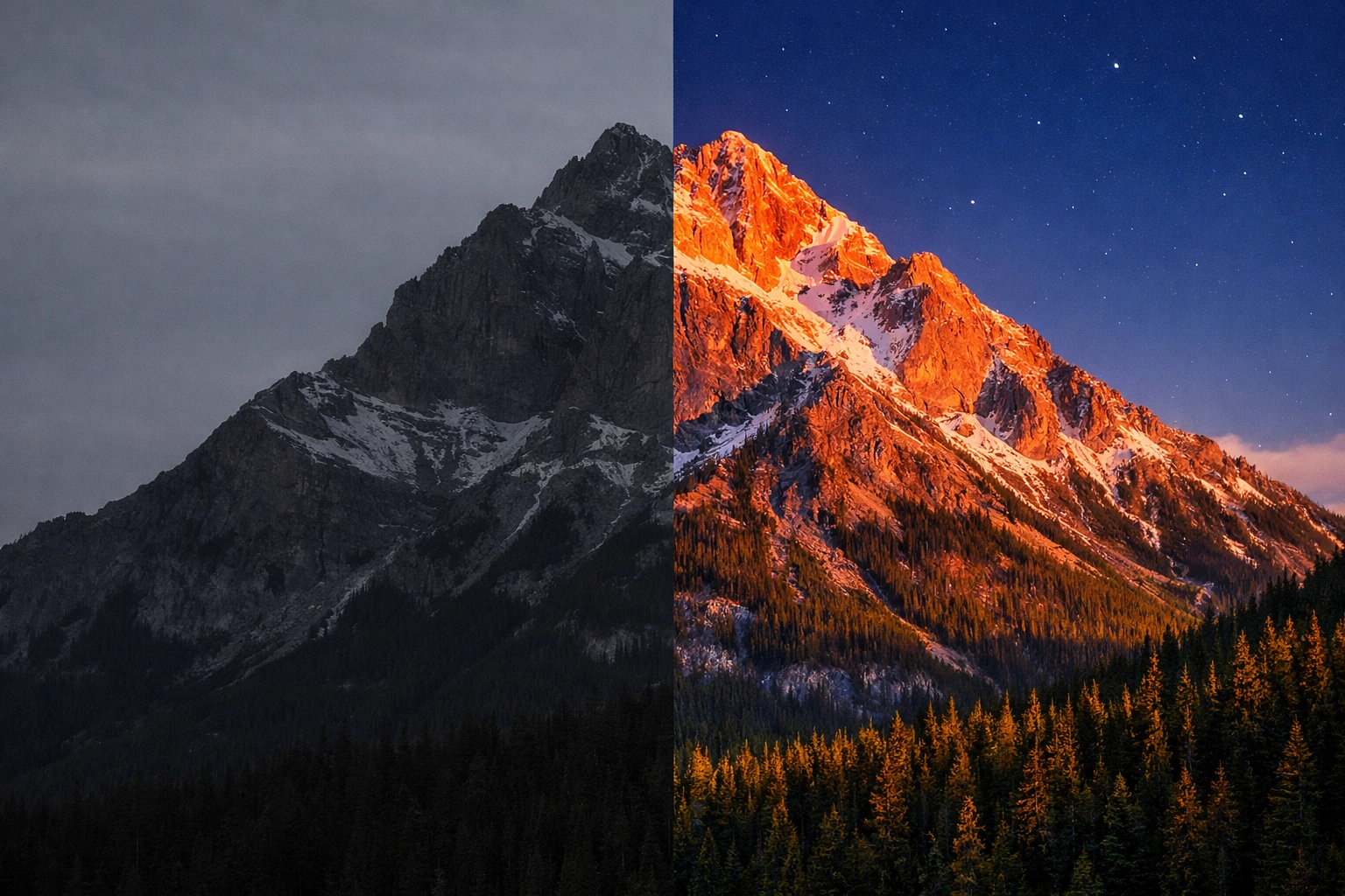 Landscape photography tips showing a split-screen AI edit of a vibrant mountain sunset.