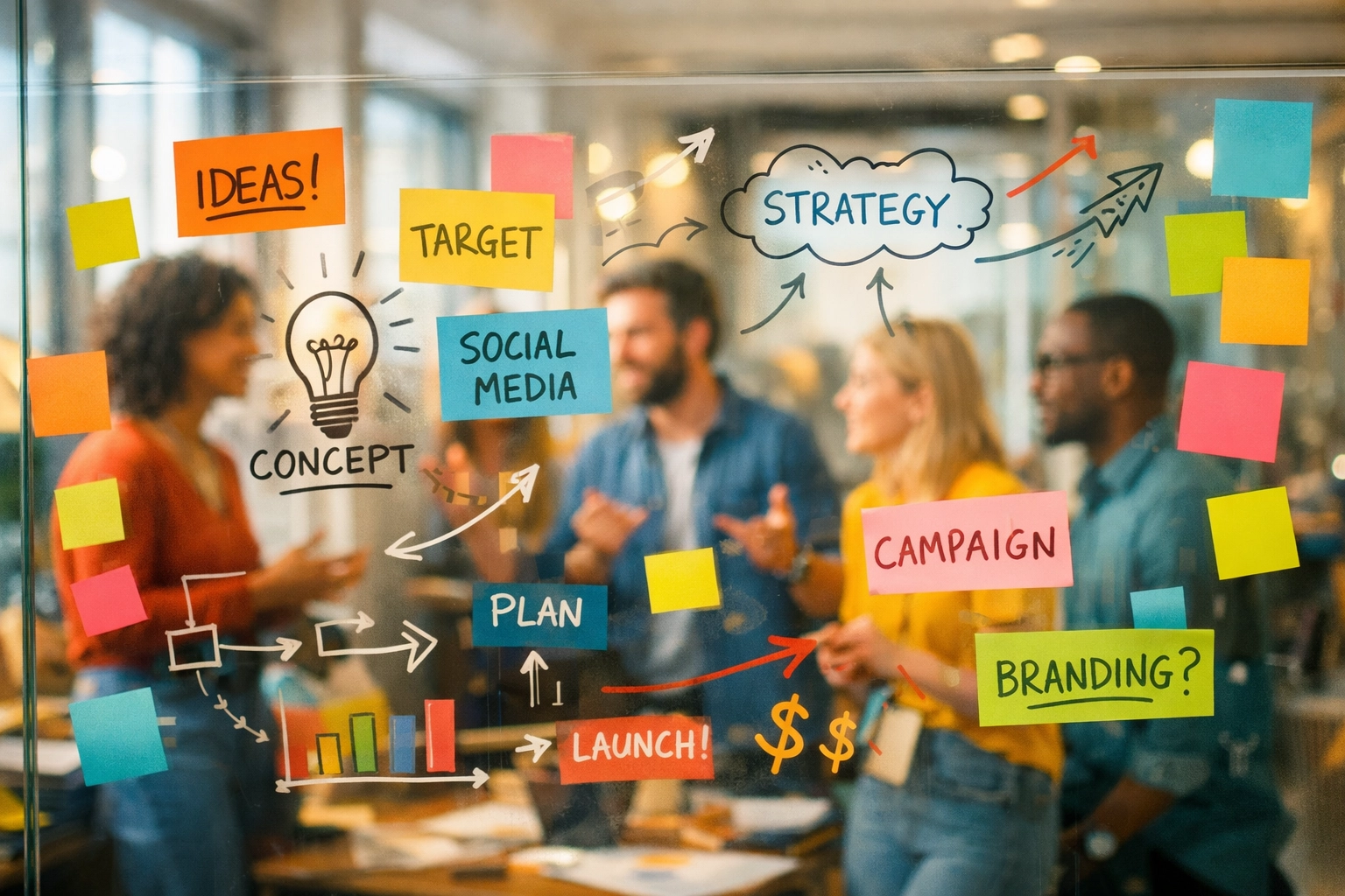 Advertising team brainstorming Super Bowl campaign strategy on whiteboard