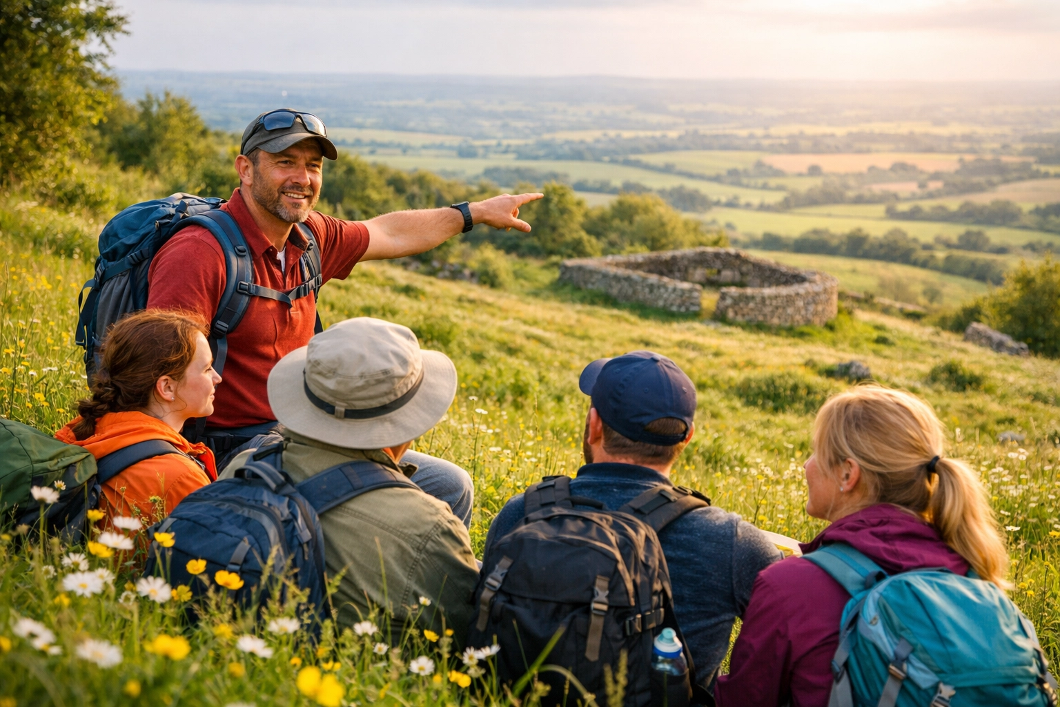Professional mountain guide leading a group on a guided hiking tour in the UK countryside.