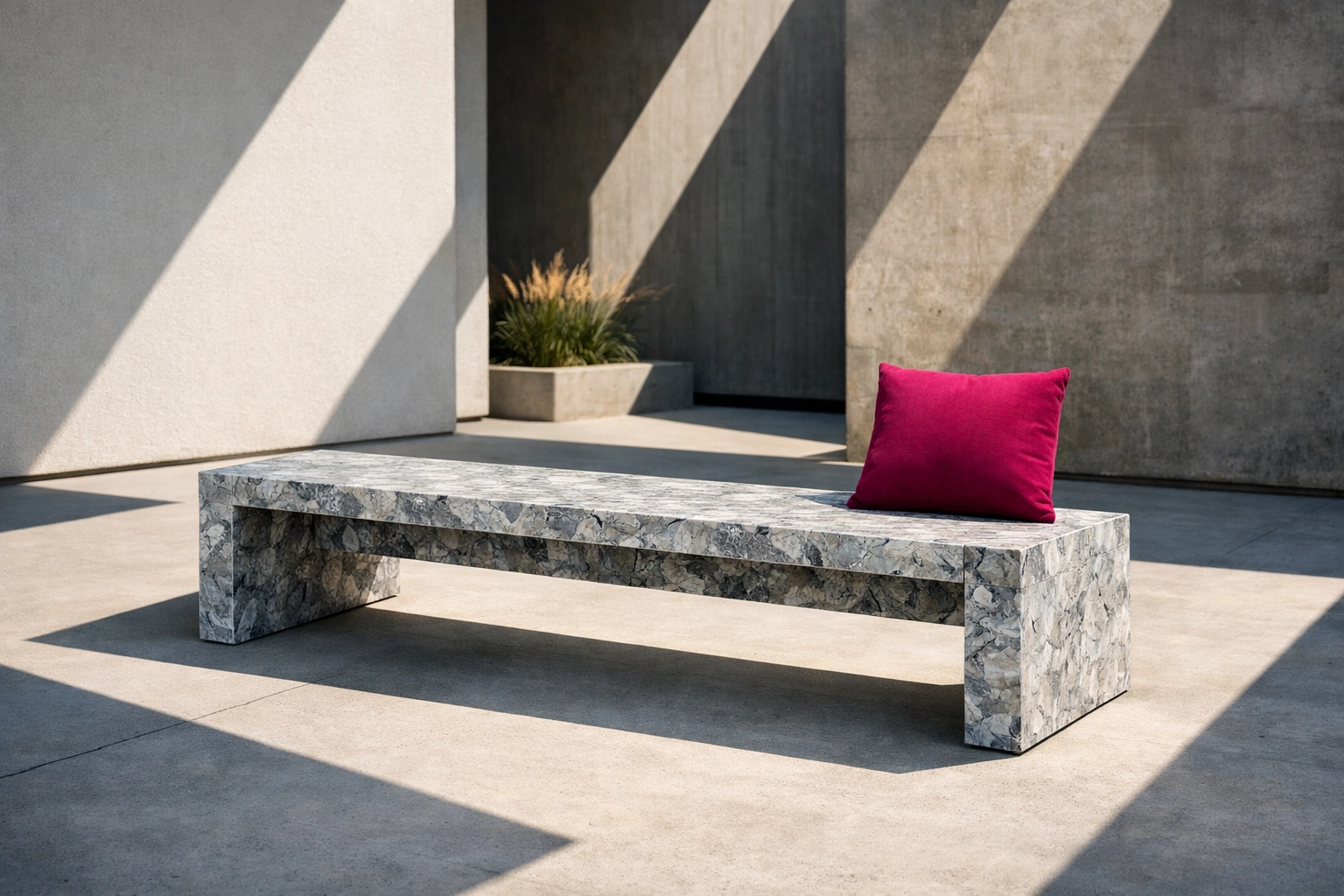 Minimalist outdoor bench made from high-value recycled plastic panels diverted from Australian landfill.