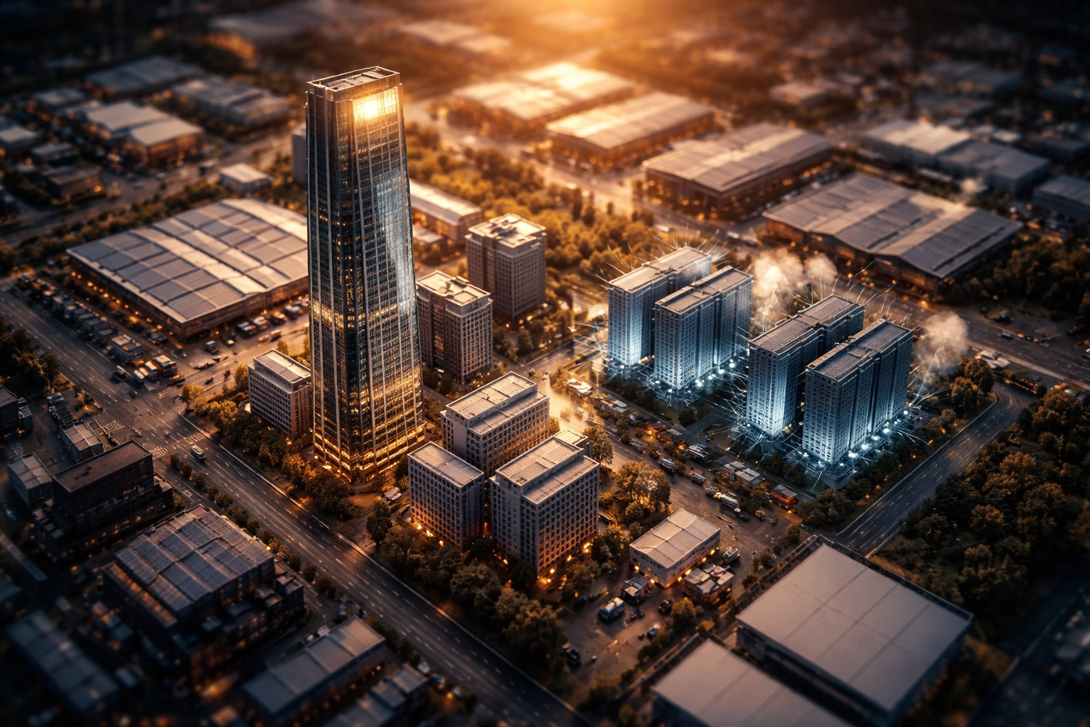 Diverse asset classes visualized as city buildings symbolizing strategic portfolio diversification