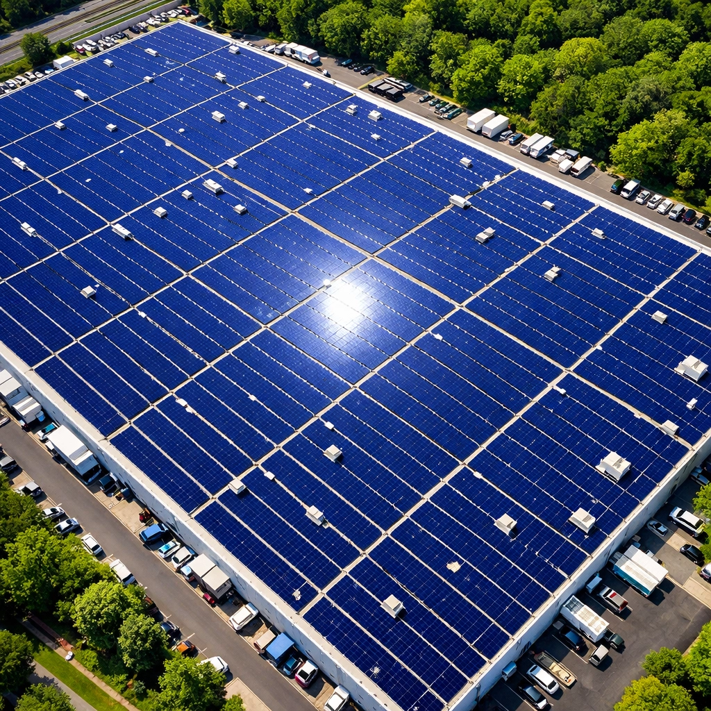 Large scale commercial solar panel array on a factory roof for business decarbonisation.