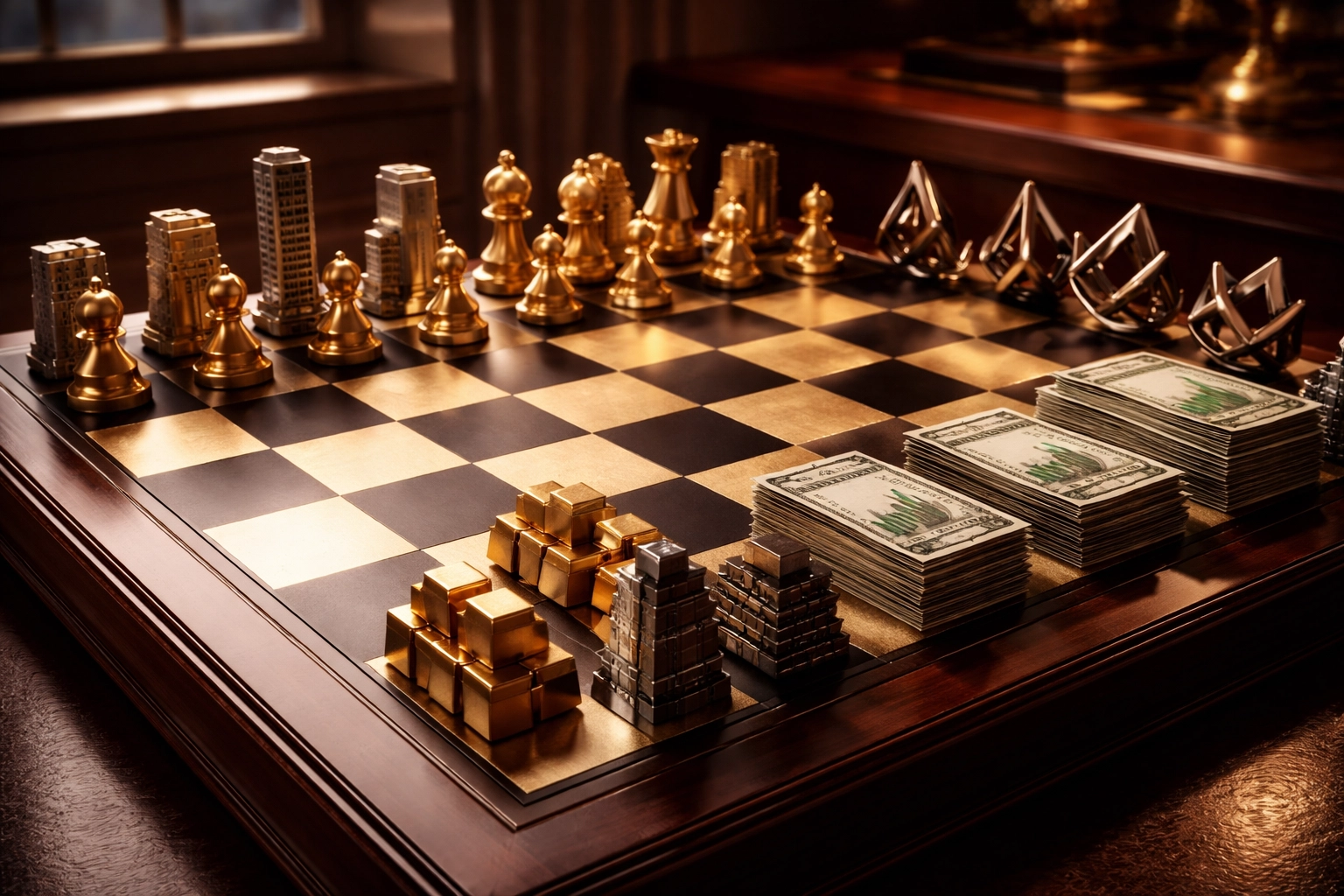 Chessboard featuring real estate, gold, stocks, and hedge fund pieces representing strategic asset allocation in private equity portfolios.