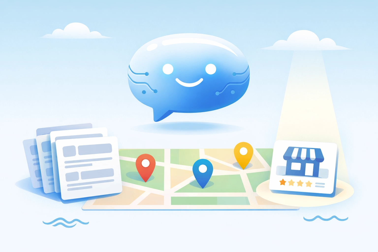 Illustration of an AI assistant selecting a local Venice business on a map based on helpful web content.