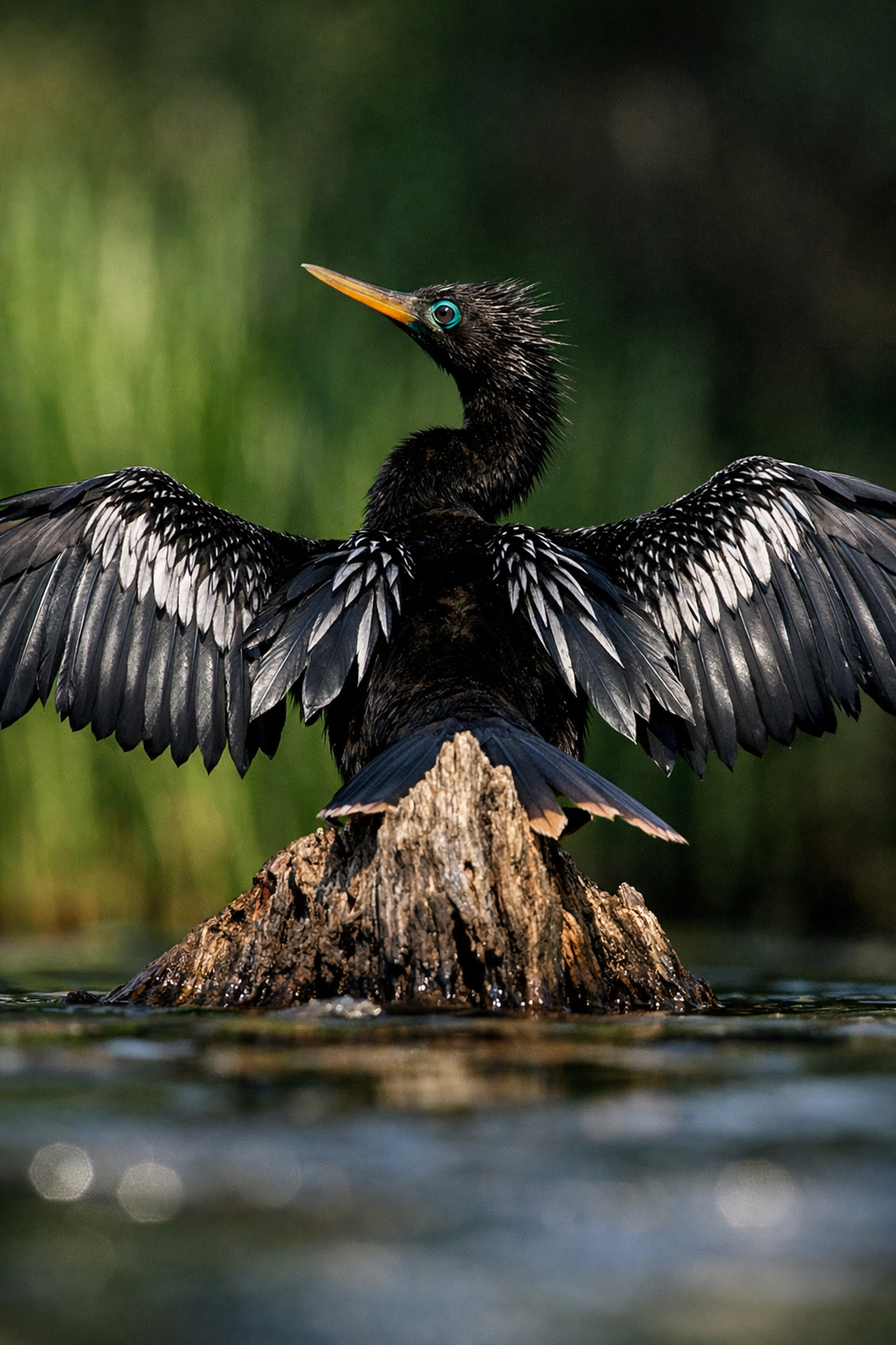 Close-up wildlife portrait of an Anhinga drying its wings on a cypress log in the Florida Everglades.