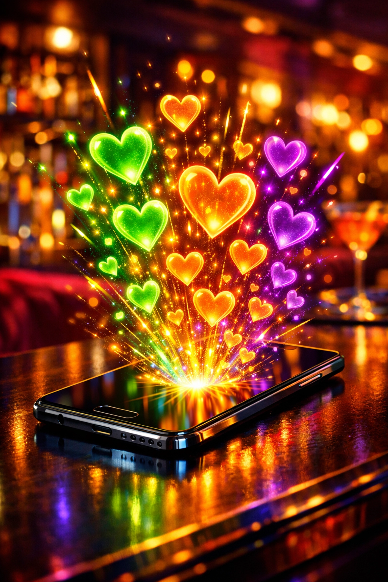 Smartphone with neon hearts in a luxury lounge, representing the start of a digital dating connection.