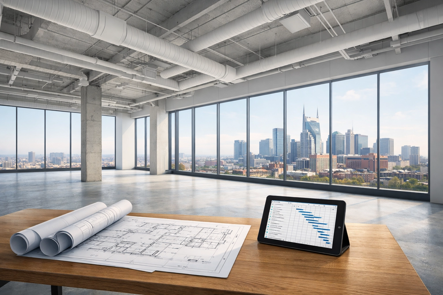 Nashville renovation facilitators reviewing blueprints for a commercial remodeling project in a modern high-rise space.