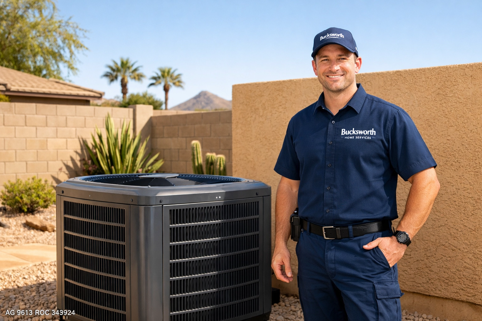 Bucksworth Home Services technician with a high-efficiency unit for the best AC repair in Tempe AZ.