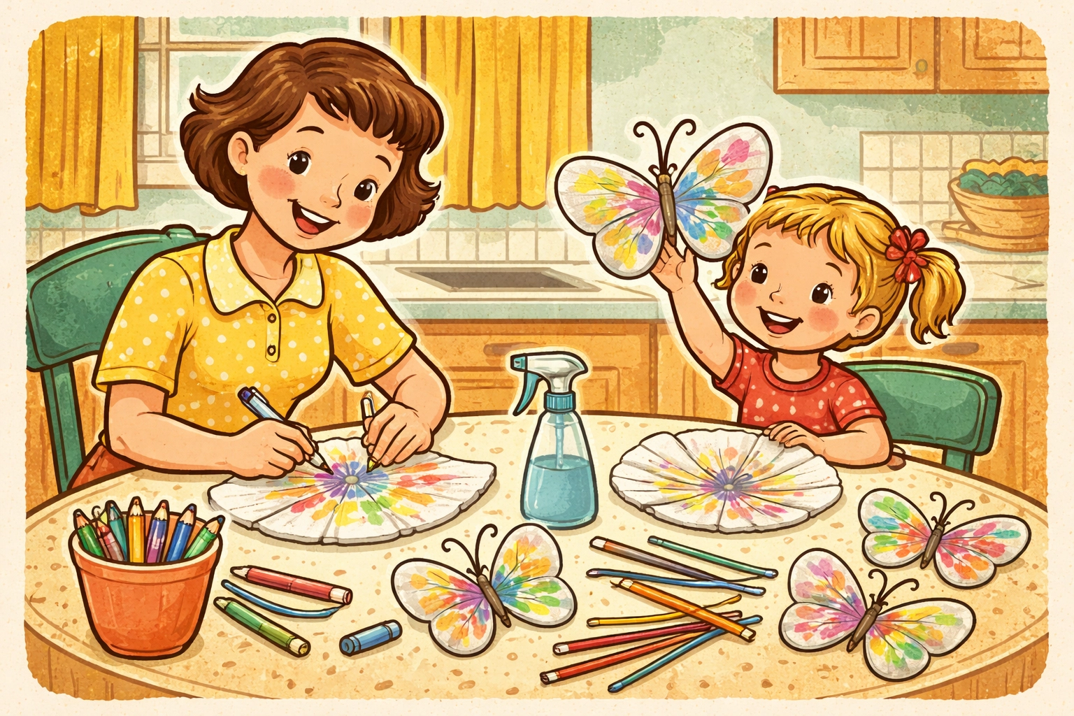 Mother and child making coffee filter butterflies at a kitchen table filled with coloring supplies