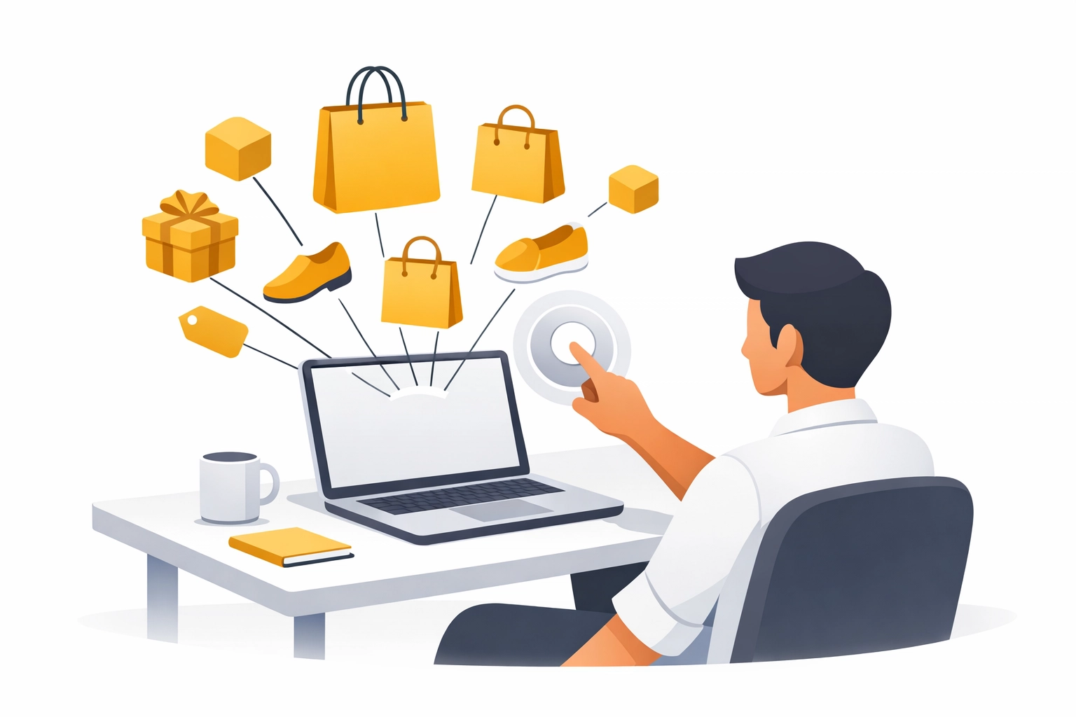 Illustration of a live shopping platform on a laptop featuring interactive shoppable video elements.