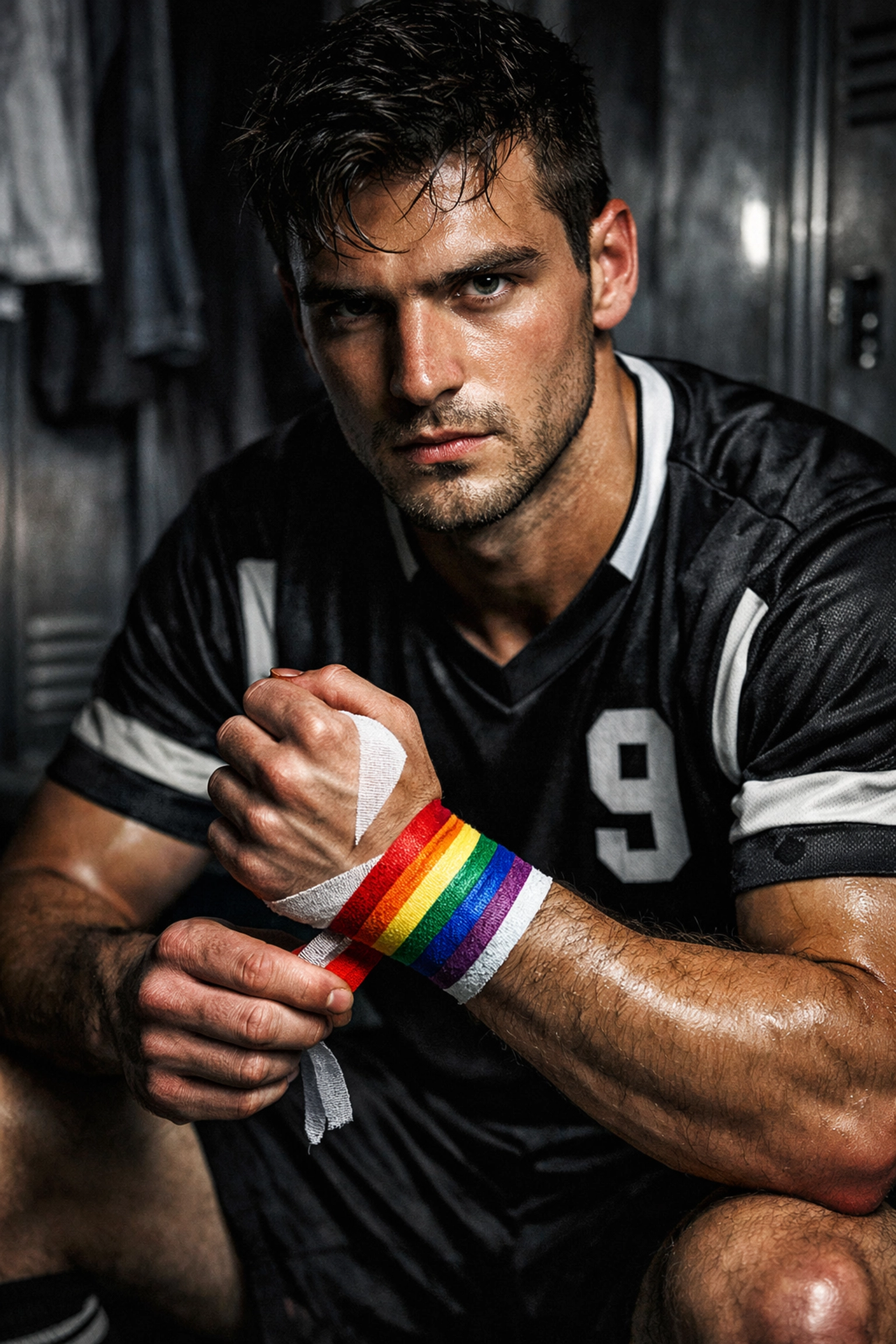 A determined gay athlete in a locker room wearing a varsity soccer jersey and rainbow wrist tape.