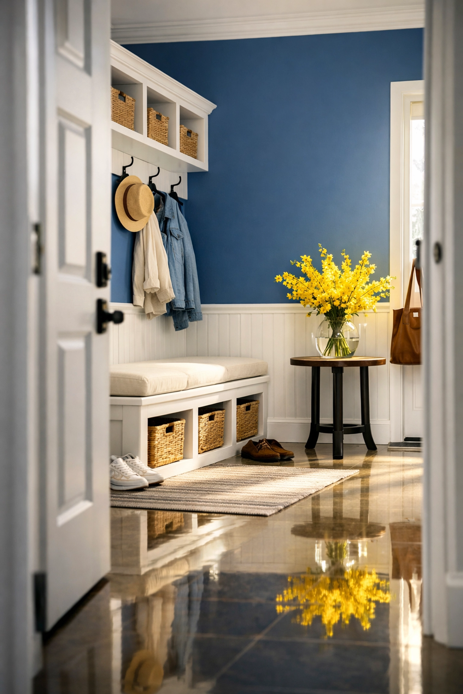 Modern home entryway featuring a polished floor after receiving expert house cleaning in Tewksbury.