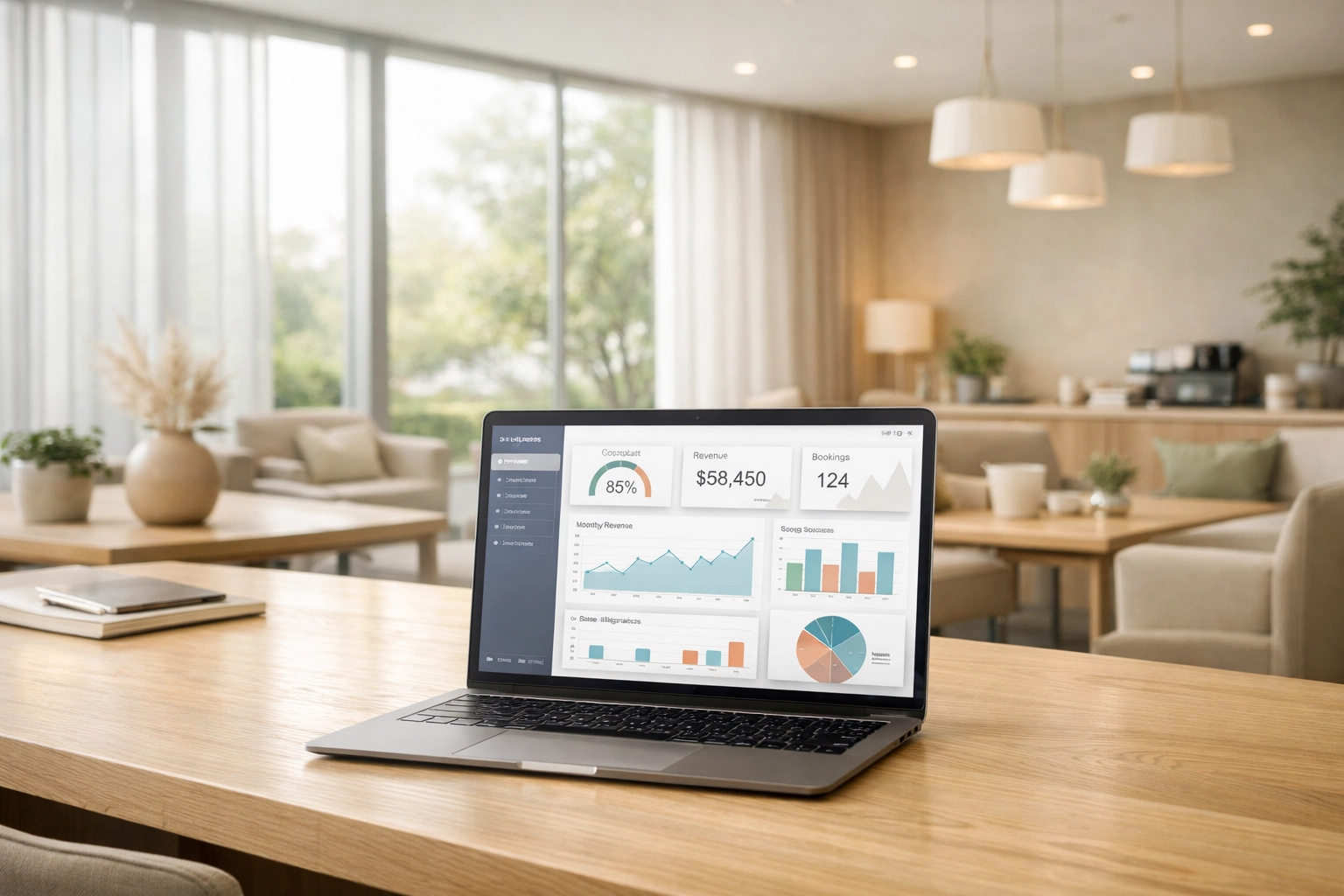 Hotel management software on a laptop showing occupancy data and staffing forecasts.