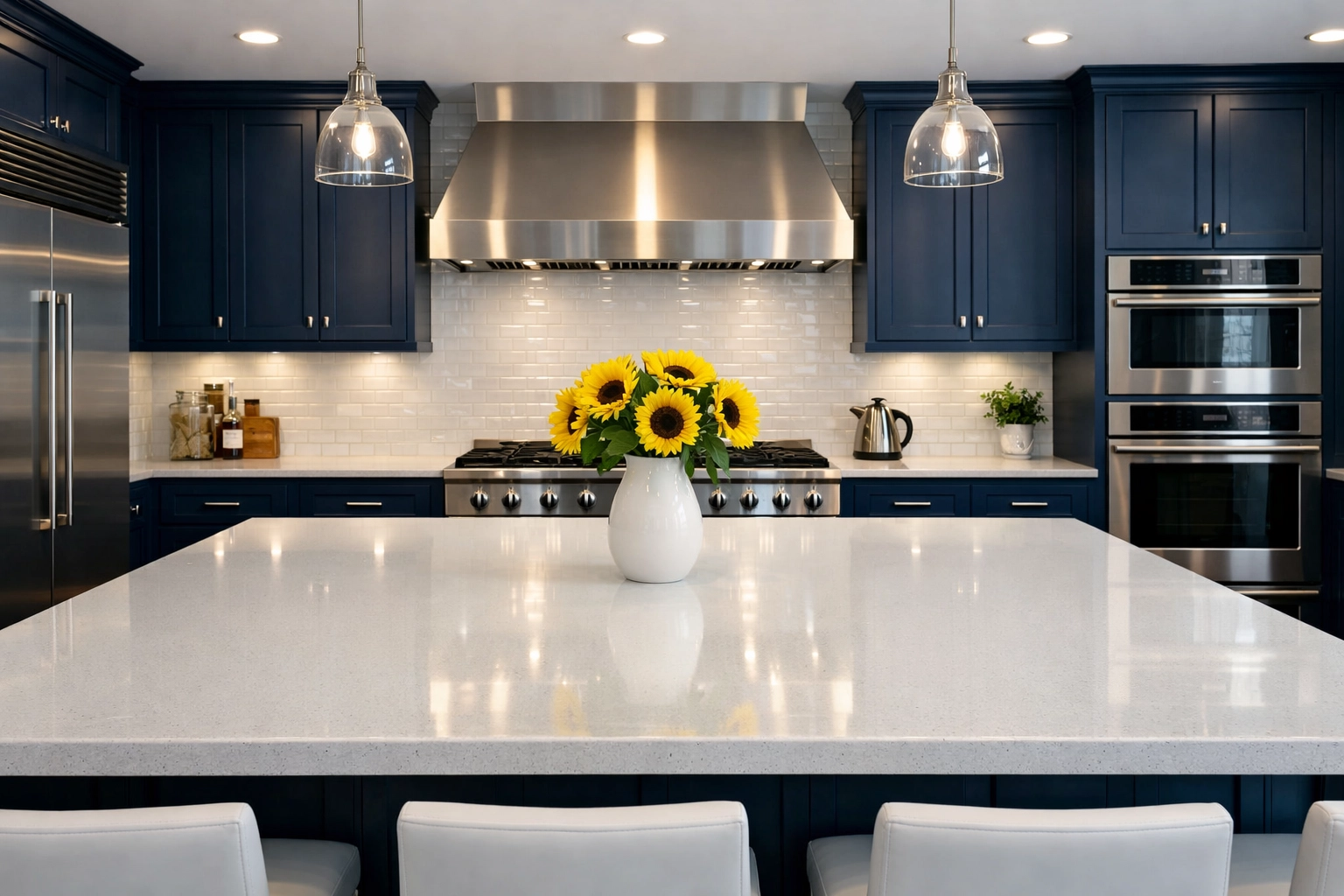 Modern Hingham kitchen with a sparkling quartz island from a premium House Cleaning Service in Hingham MA.