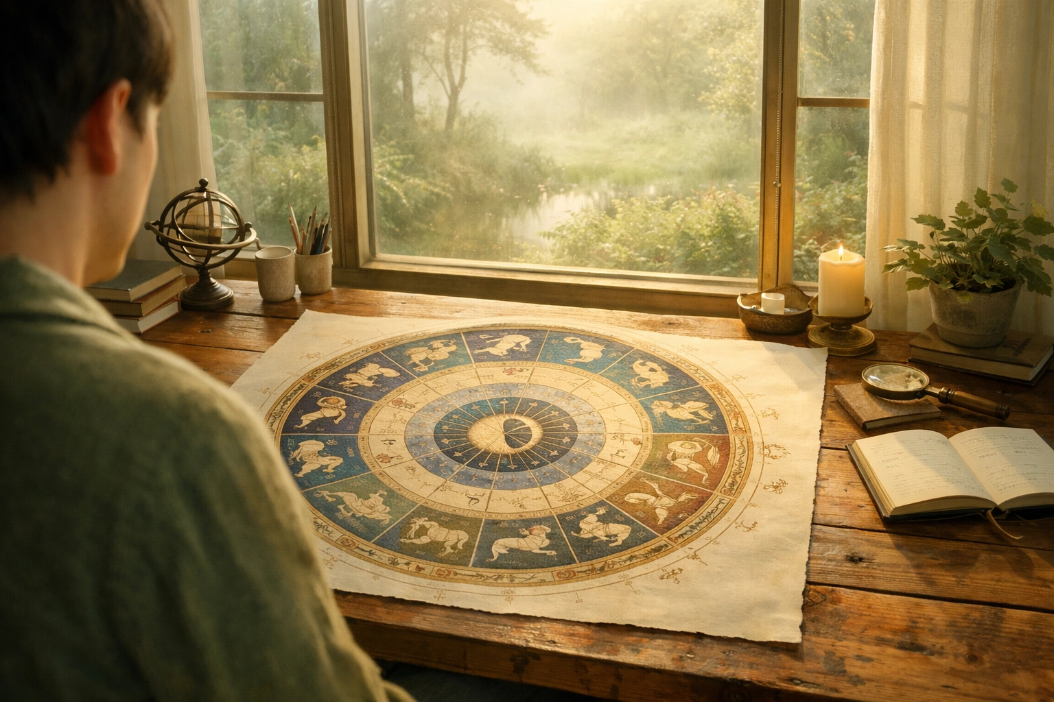 A person exploring an astrological zodiac chart to decode core wounds and understand personal growth patterns.
