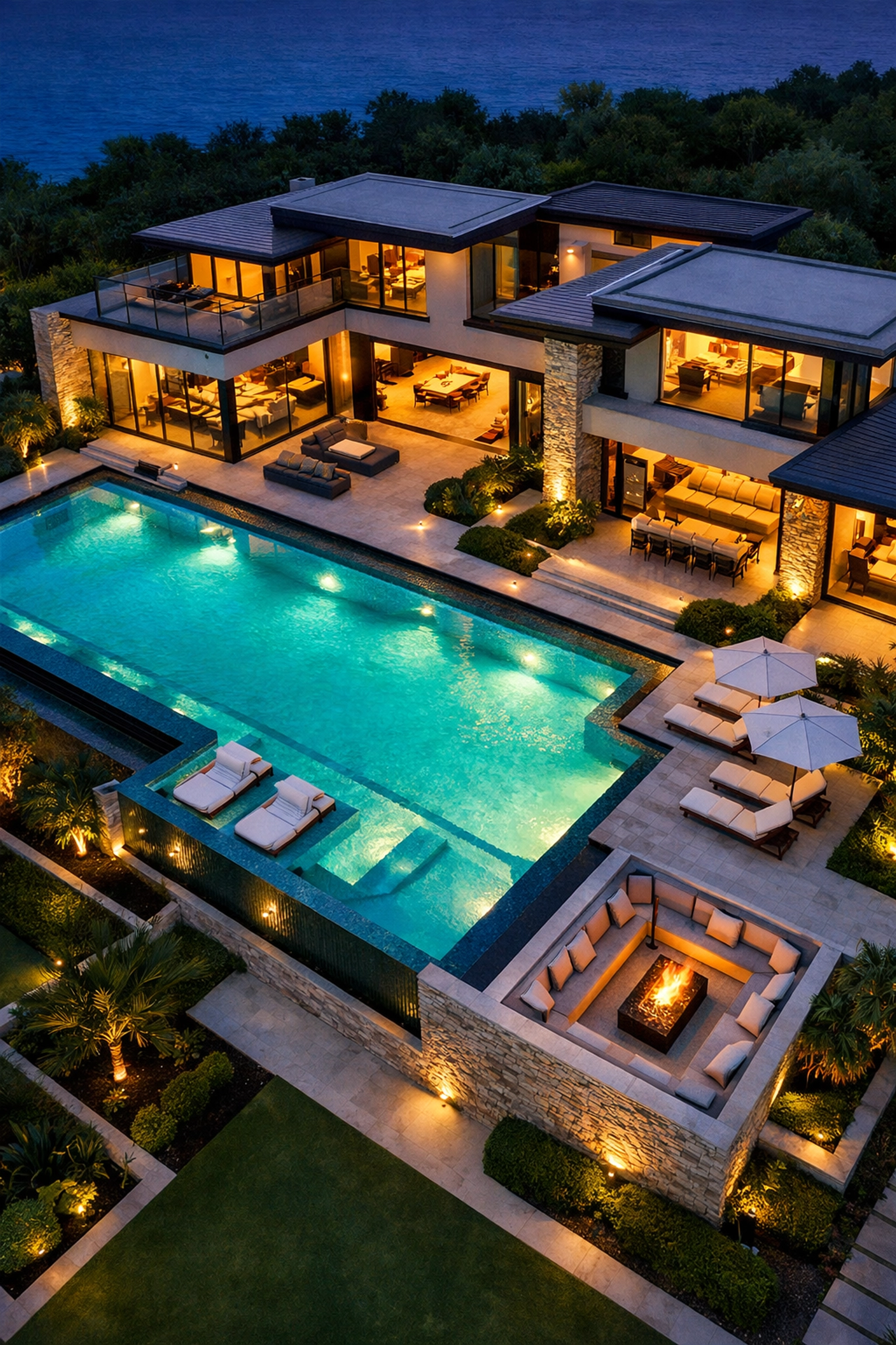 Professional drone photography of a luxury villa at dusk for high-end real estate clients.