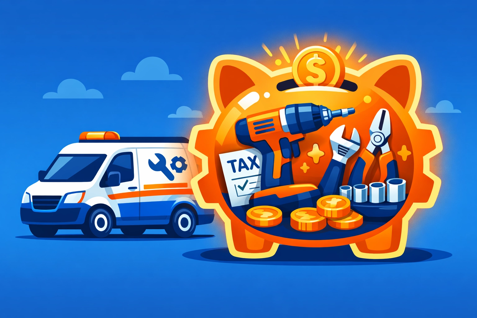 Illustration of a service van and tools inside a gear piggy bank representing trade tax savings.