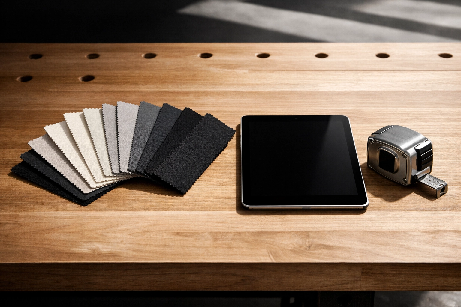 Professional upholstery workbench in Chattanooga with fabric swatches and tools for accurate project estimates.