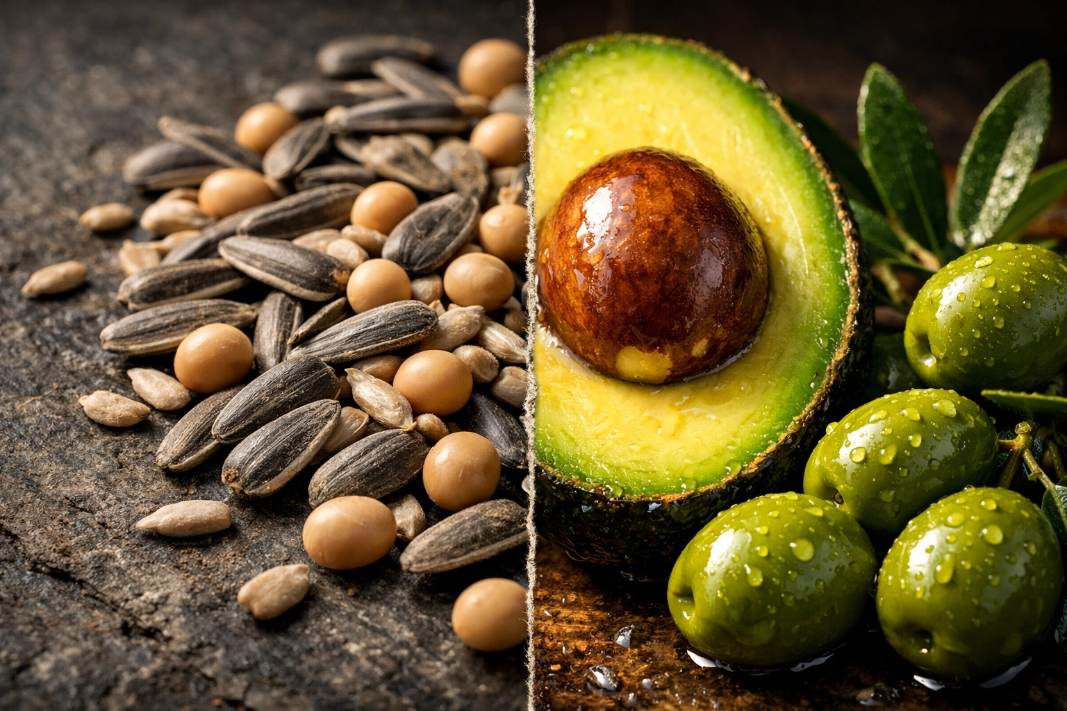 Comparison of raw sunflower seeds and soybeans next to fresh avocado and olives for oil extraction.