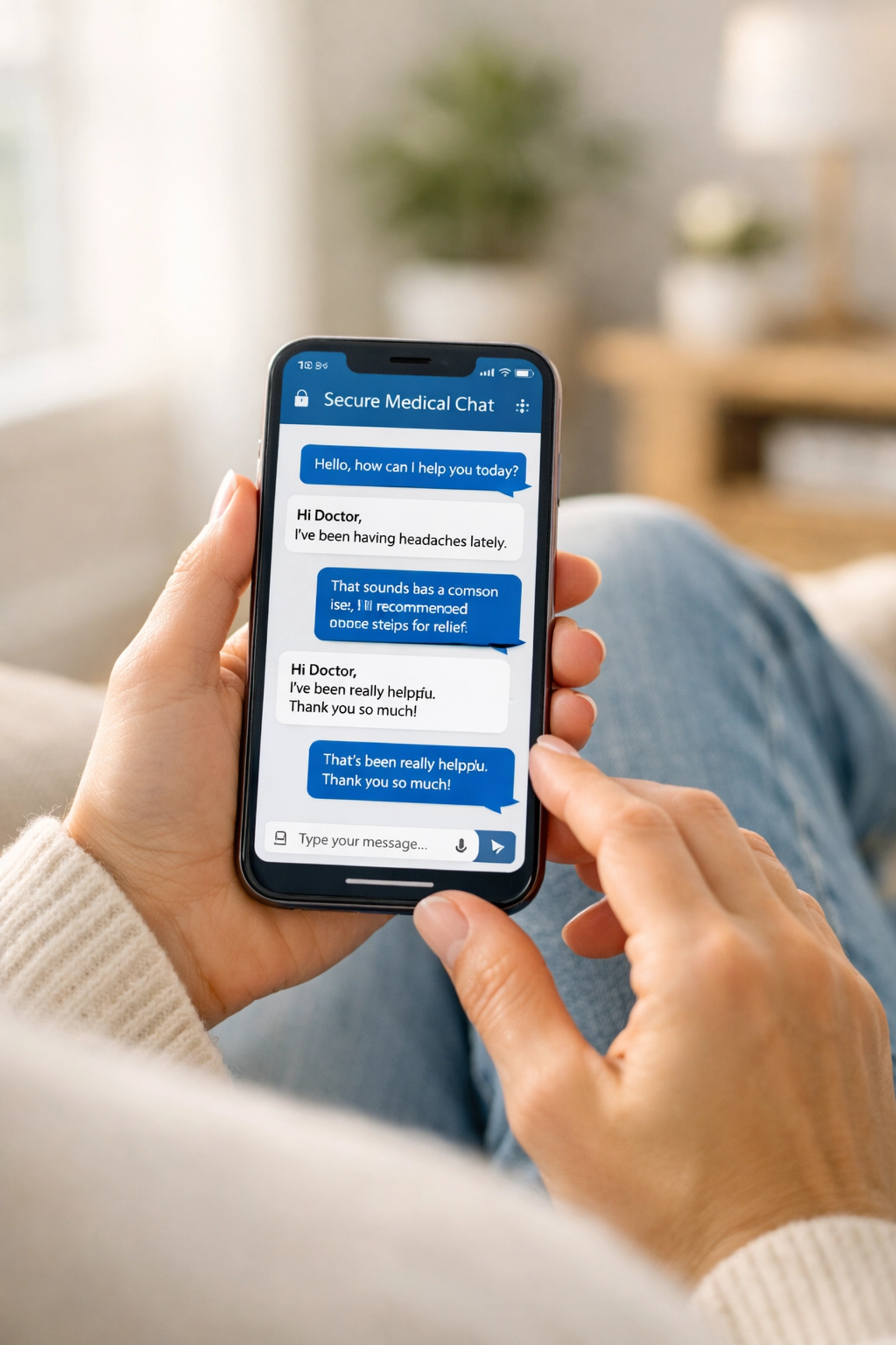 Patient using secure medical messaging for online urgent care and prescriptions from a smartphone at home.