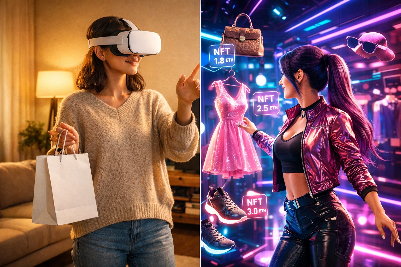 VR shopping experience showing customer in headset and their avatar in virtual boutique with NFT products