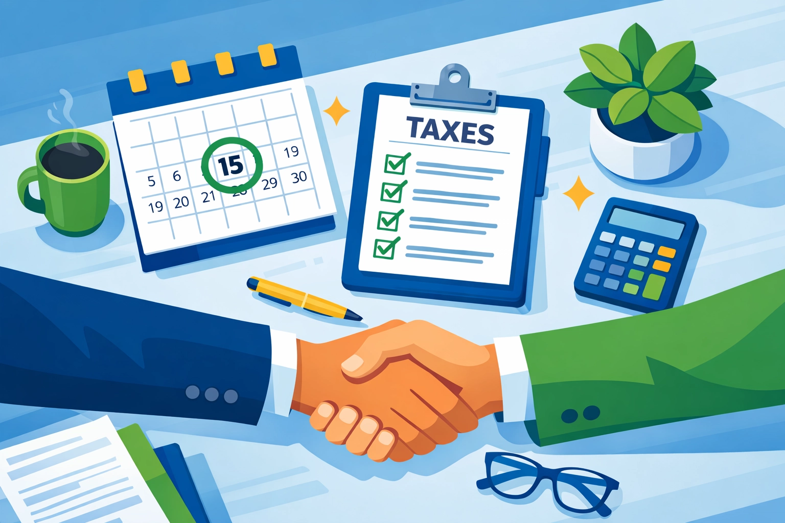 Tax professionals shaking hands at a New Haven office over a completed April 15th tax filing checklist.