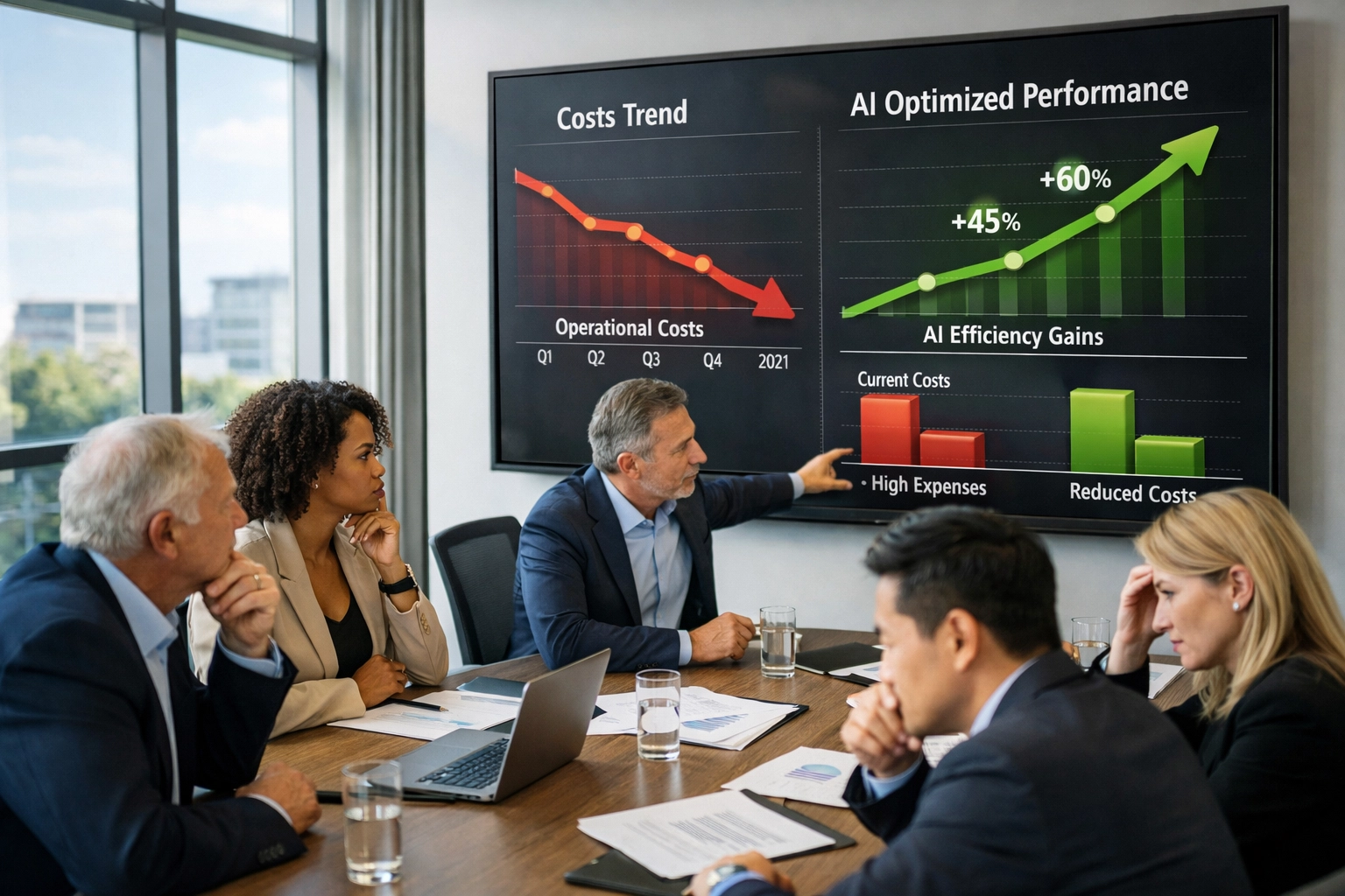 Business executives analyzing ServiceNow implementation ROI comparing traditional versus AI-optimized metrics