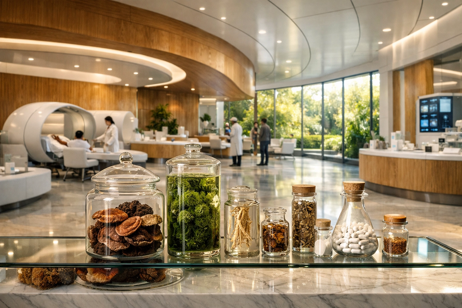 Modern psilocybin therapy clinic interior featuring apothecary jars and a peaceful garden view.