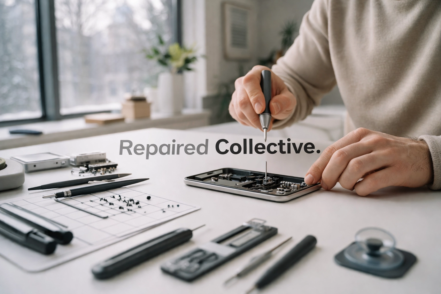 Close-up of hands repairing an iPhone on a clean portable mat inside a bright NYC apartment, winter light through window — cinematic