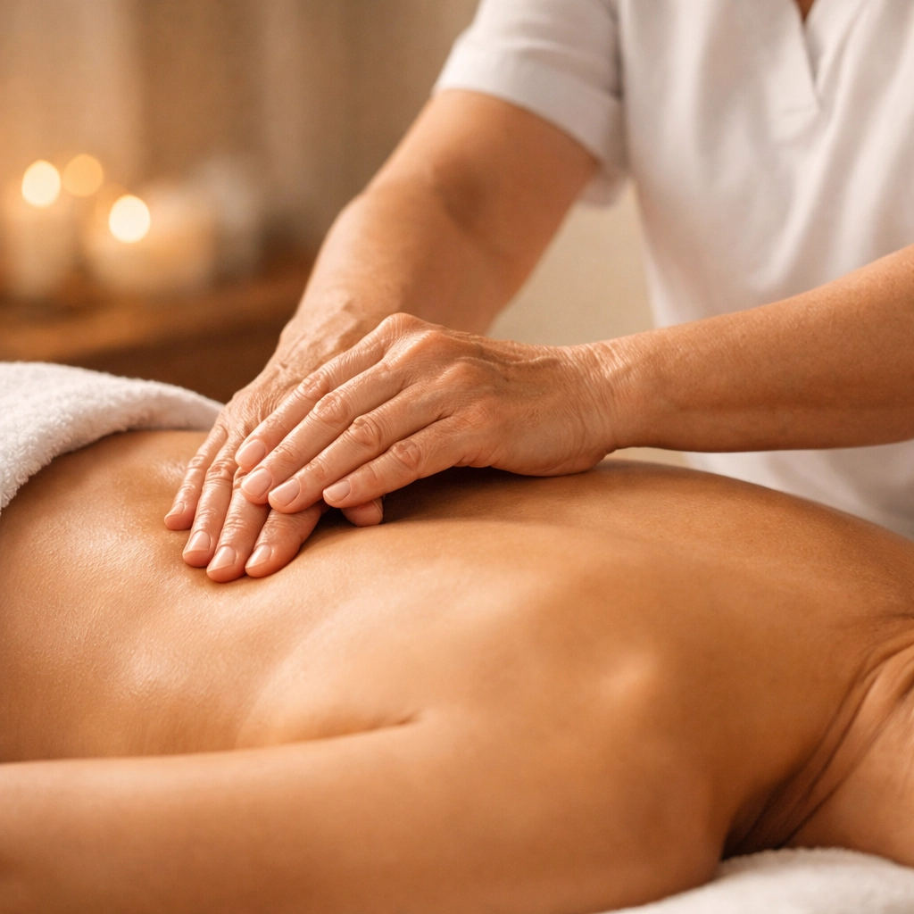 Professional massage therapist demonstrating hands-on technique during training
