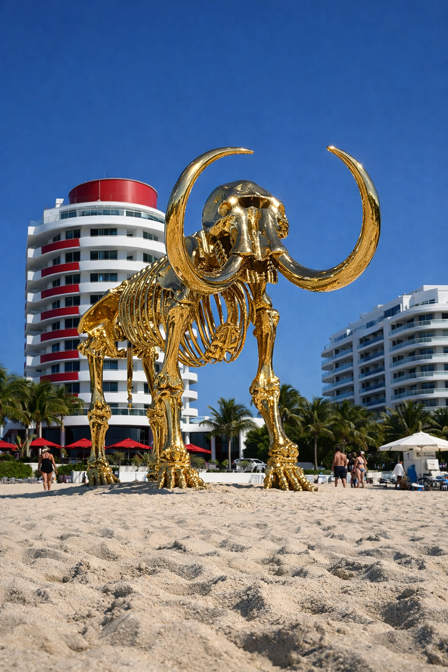 Golden mammoth skeleton sculpture at Faena Hotel, a hidden gem for art and photography in Miami.