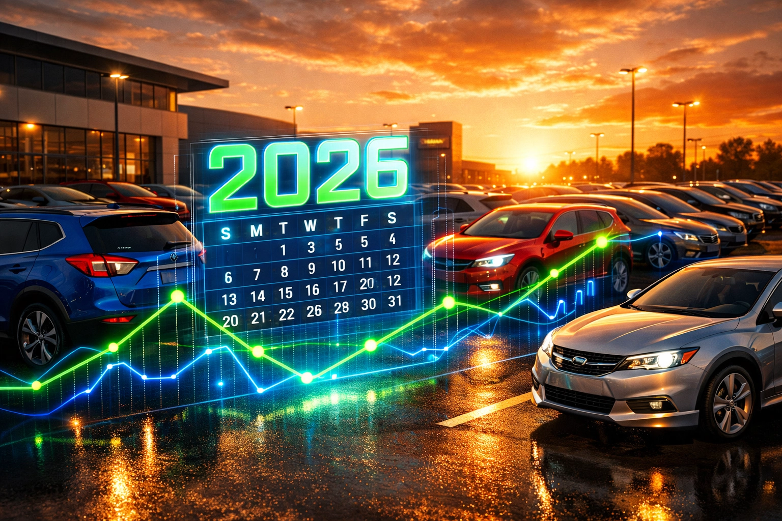 Used car dealership lot showing 2026 market trends and inventory of SUVs and sedans