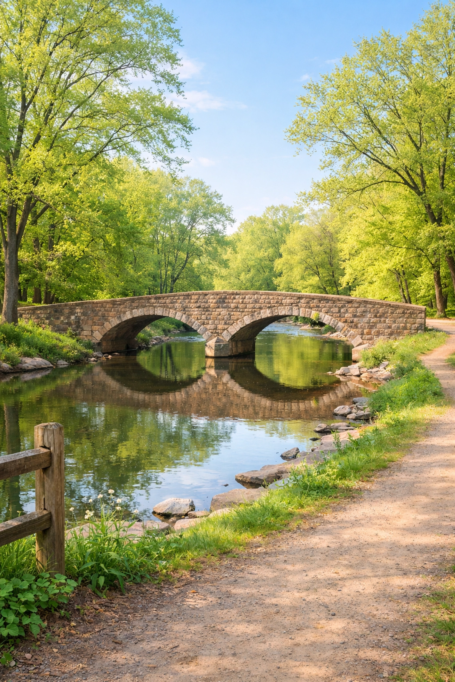 Peaceful stone bridge in a Bucks County park near top retirement communities in PA.