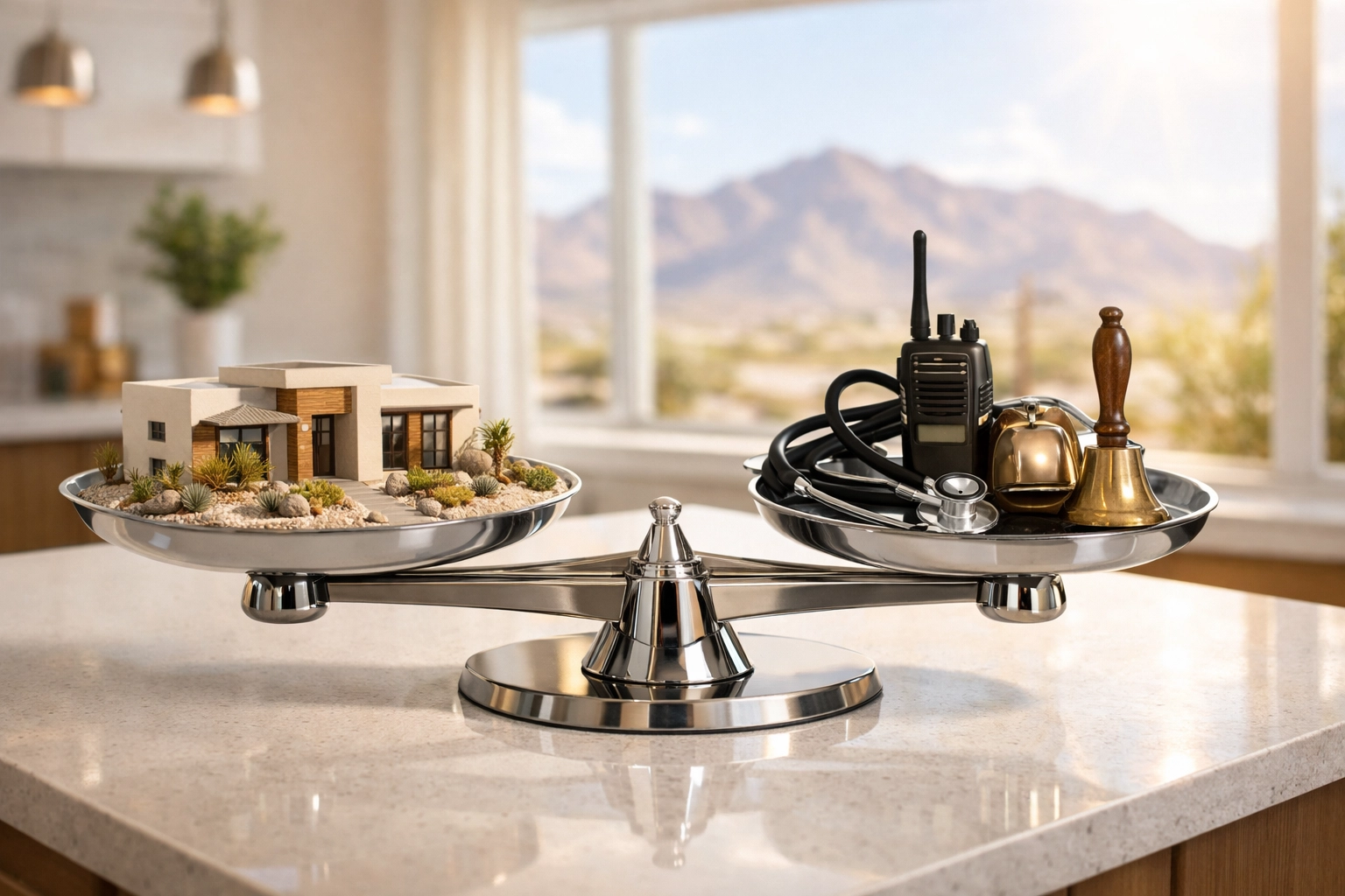 Balance scale weighing a Phoenix home against hero tools, representing equity protection by Rewarding Heroes.