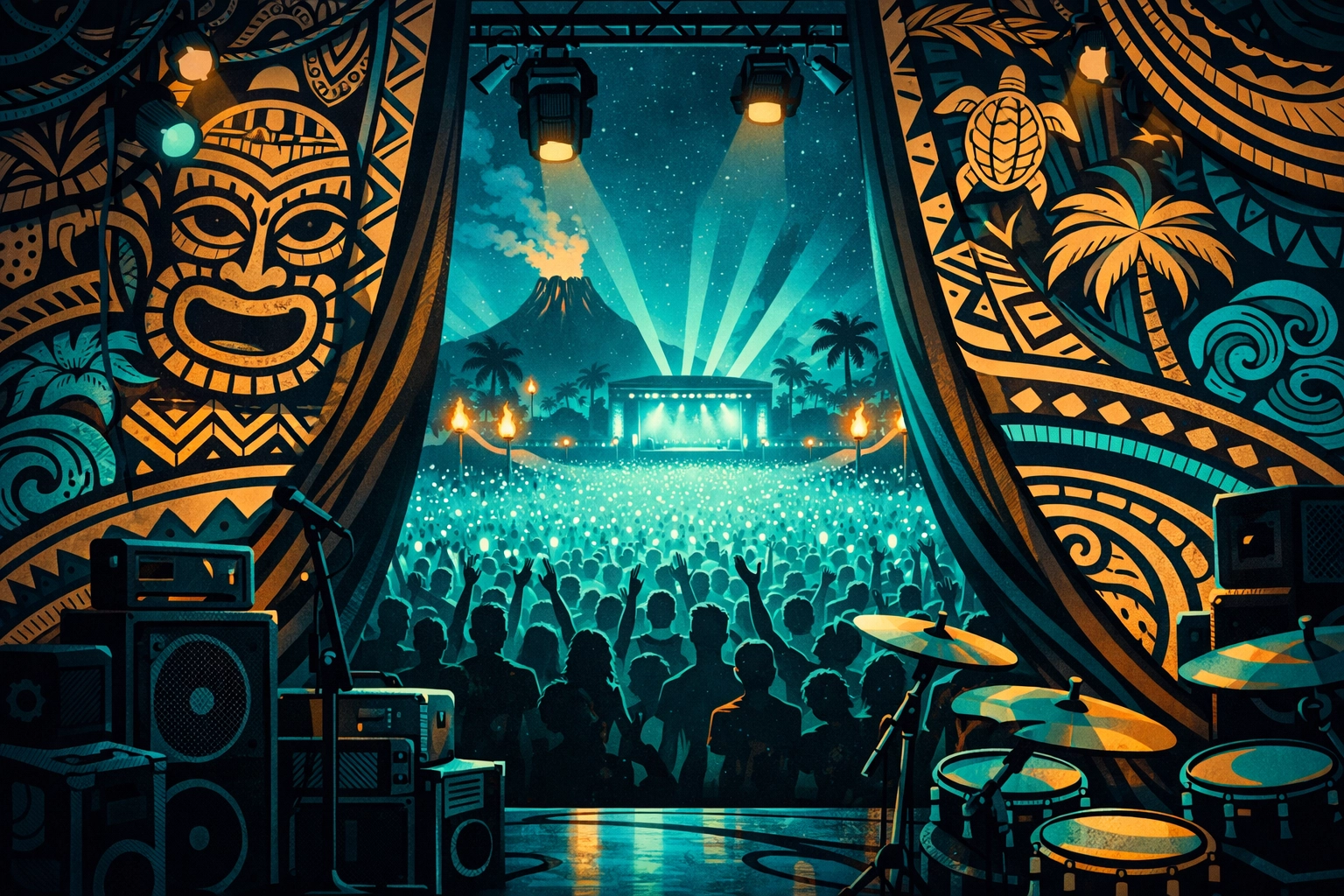 View from the stage wings showing the Talofa Fest crowd and backstage festival access.