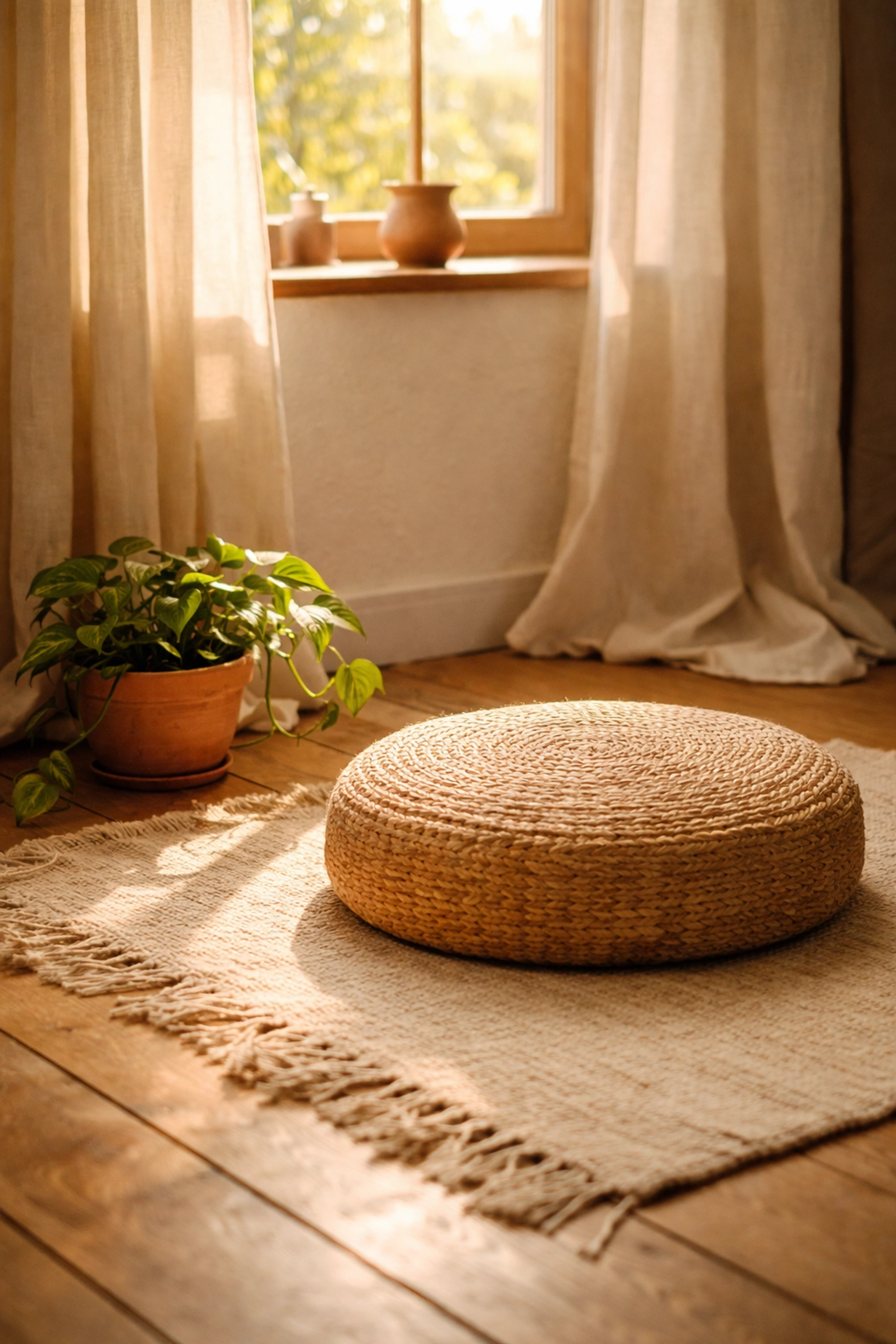 Cozy corner with a handwoven meditation cushion, natural wood floor, and handcrafted decor in soft, calming tones for a wellness space