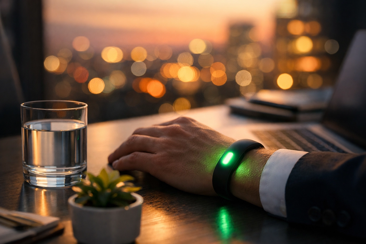 Smart wearable on a professional's wrist glowing during an AI-prompted stress management break.