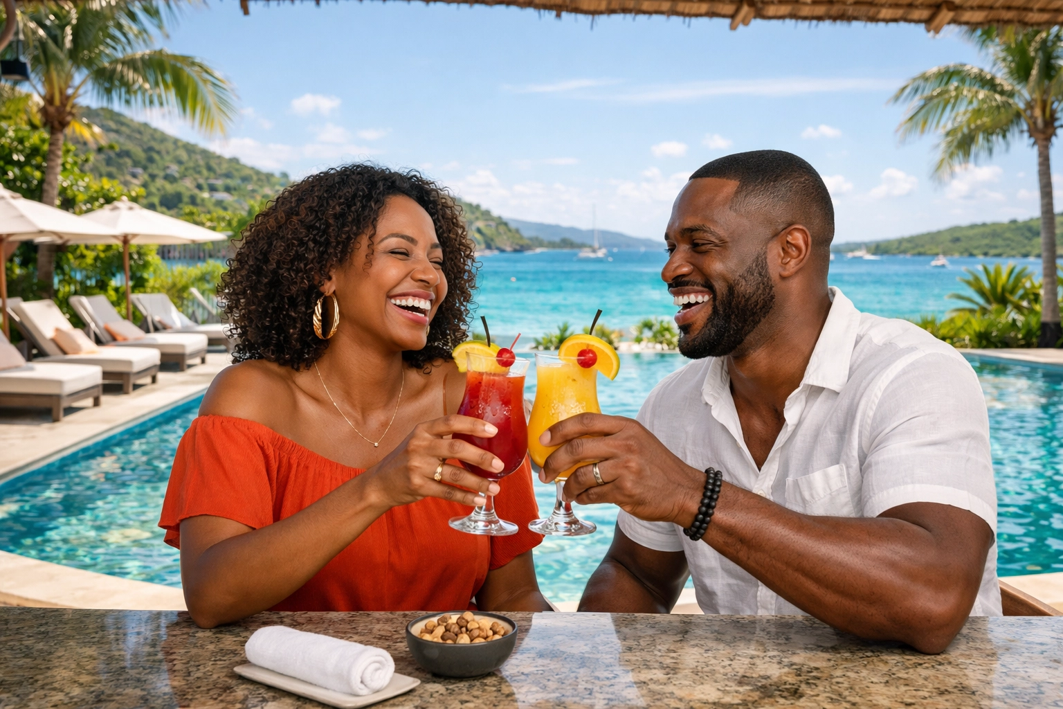 Black couple enjoying tropical cocktails at a luxury all-inclusive vacation resort in the Caribbean.