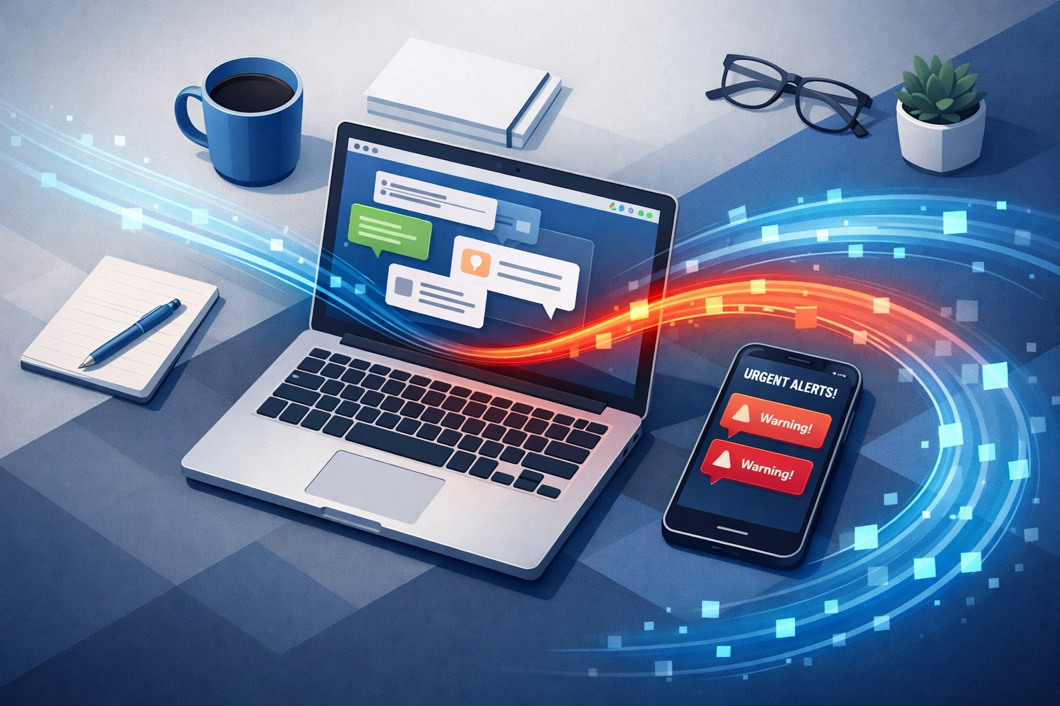 Multiple devices showing urgent chat messages and hidden cybersecurity threats