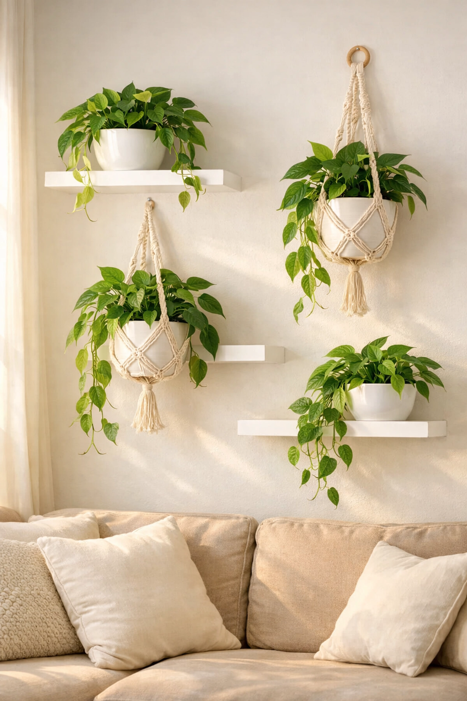 Pothos plants on white floating shelves creating vertical garden in small living room