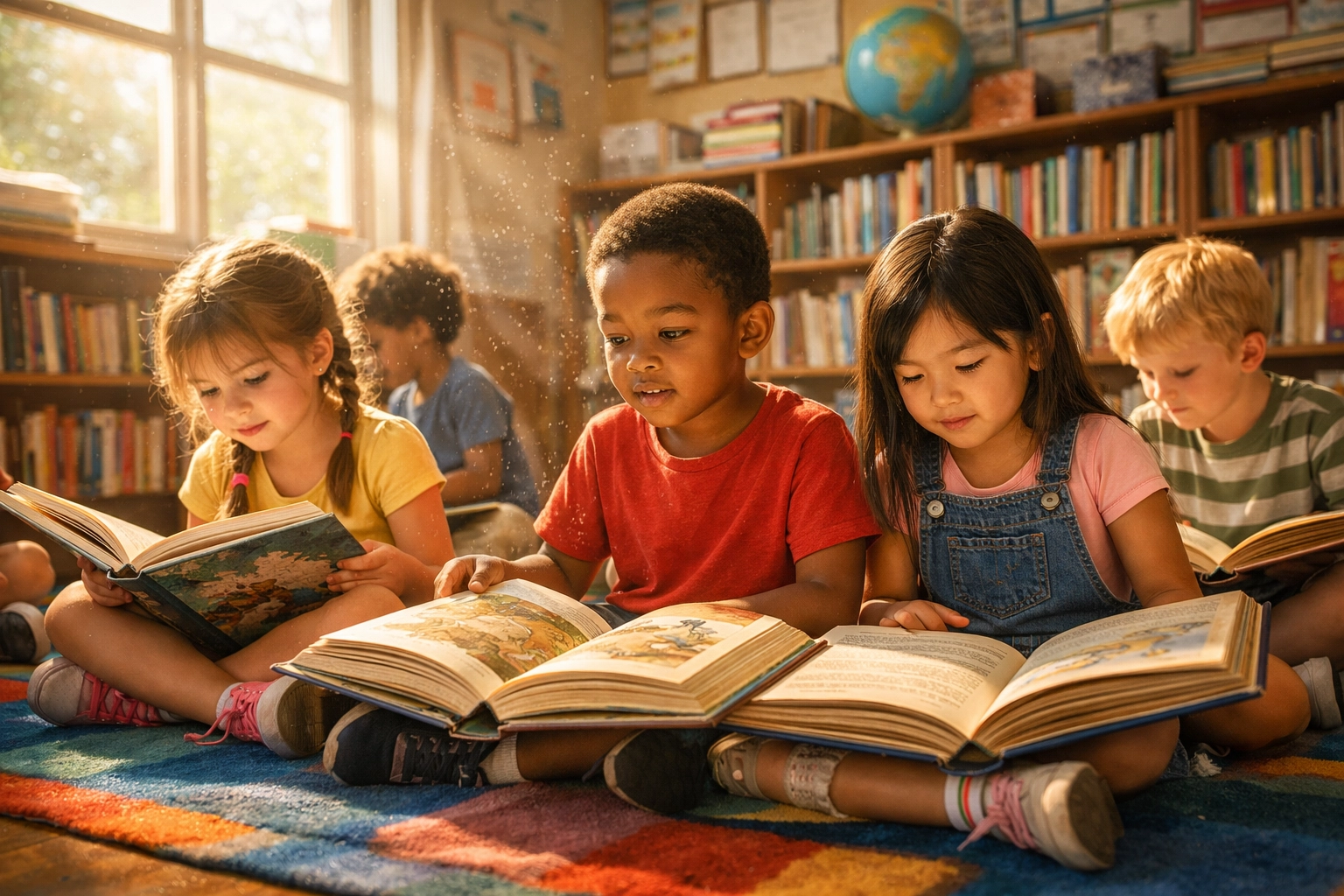 Diverse primary school students reading books together in a sun-drenched classroom.